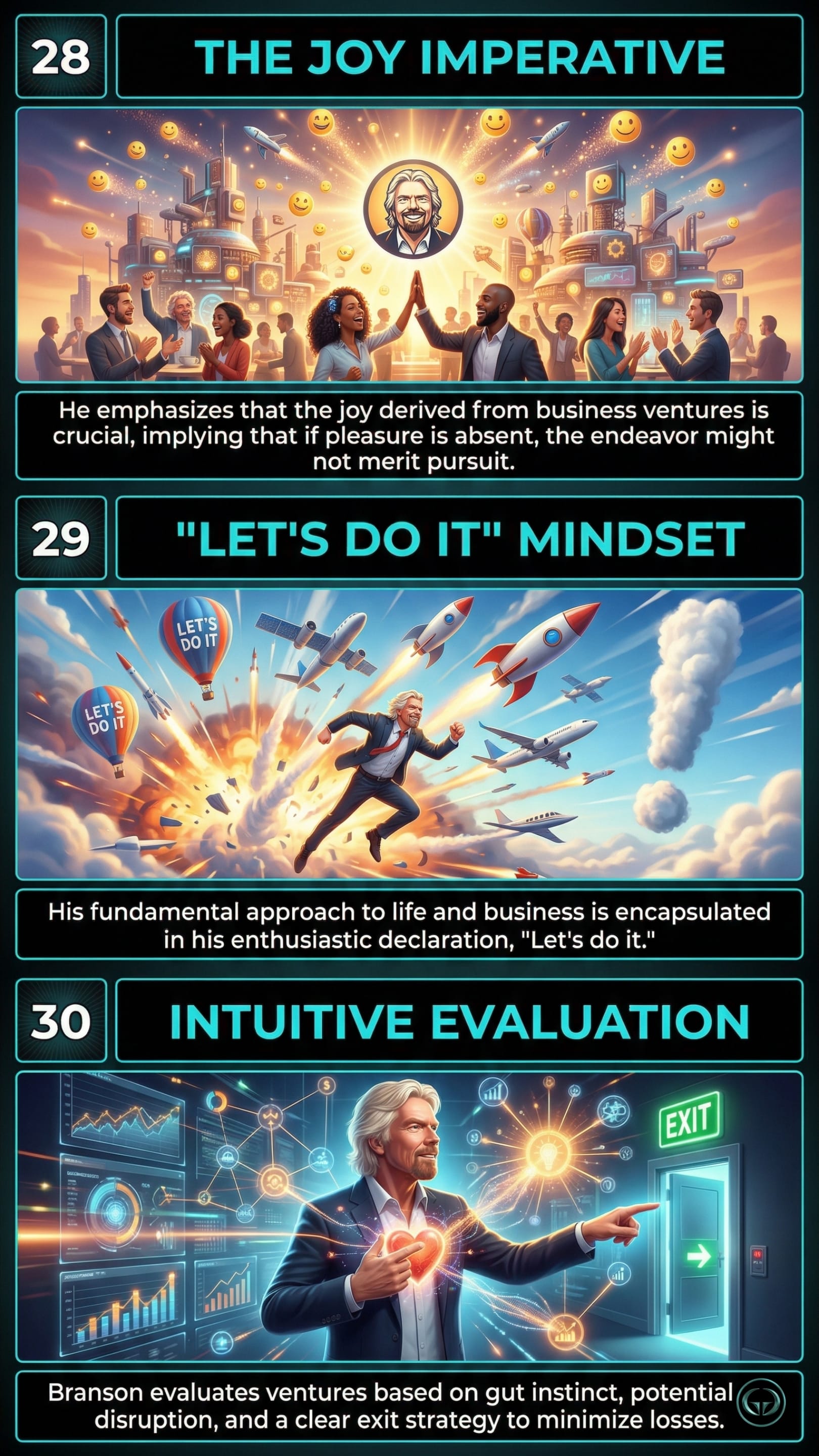 Infographic illustrating three Losing My Virginity insights: Top panel shows the imperative of deriving joy and pleasure from business ventures; Middle panel depicts an enthusiastic, proactive "let's do it" mindset; Bottom panel visualizes intuitive evaluation, trusting gut instinct while maintaining a clear exit strategy to minimize losses.