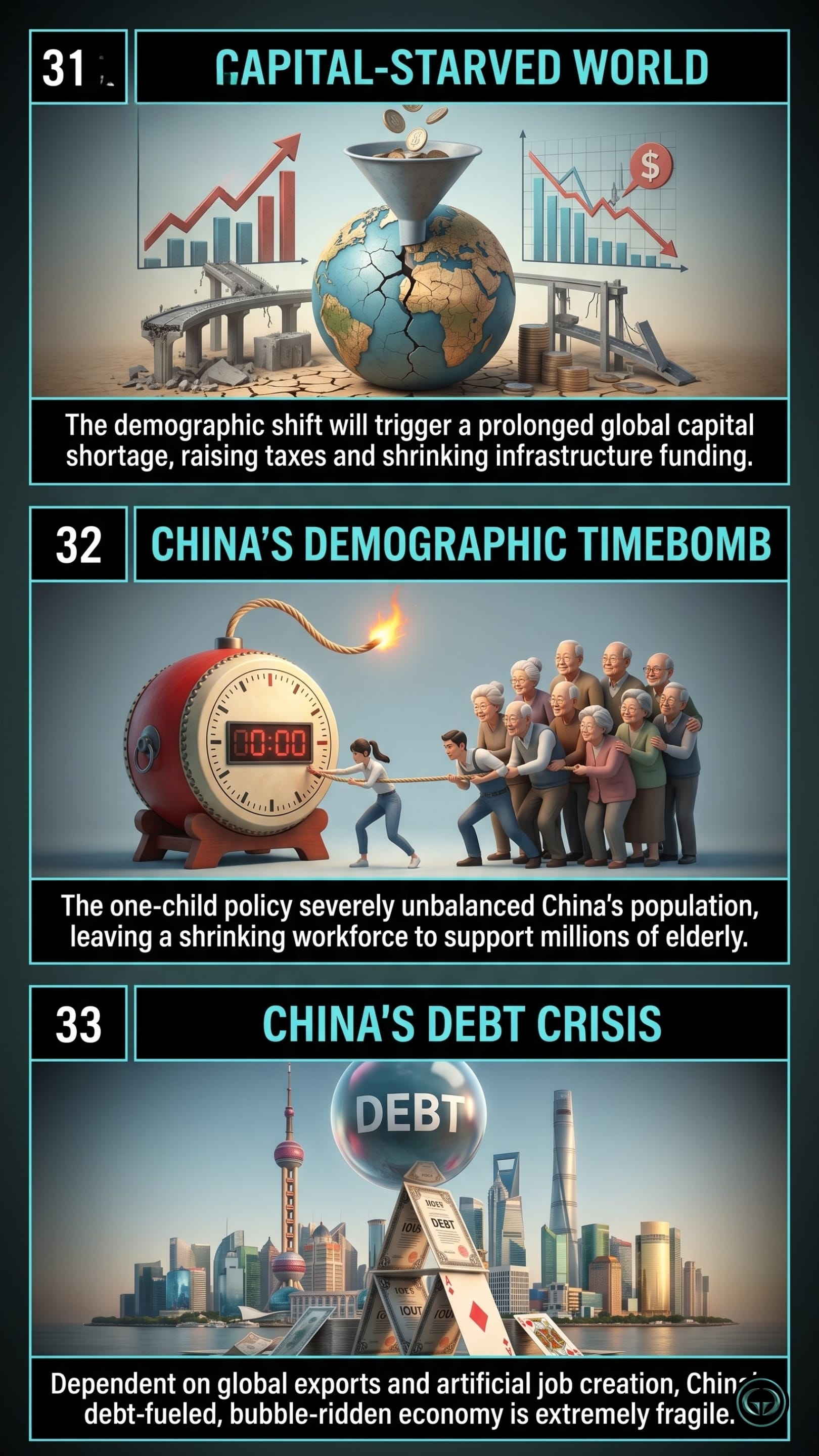 Infographic illustrating three The Accidental Superpower insights by Peter Zeihan: Top panel shows a global capital shortage triggered by worldwide demographic shifts; Middle panel depicts China's demographic timebomb and rapidly shrinking workforce; Bottom panel visualizes the extreme fragility of China's debt-fueled, export-dependent economy.