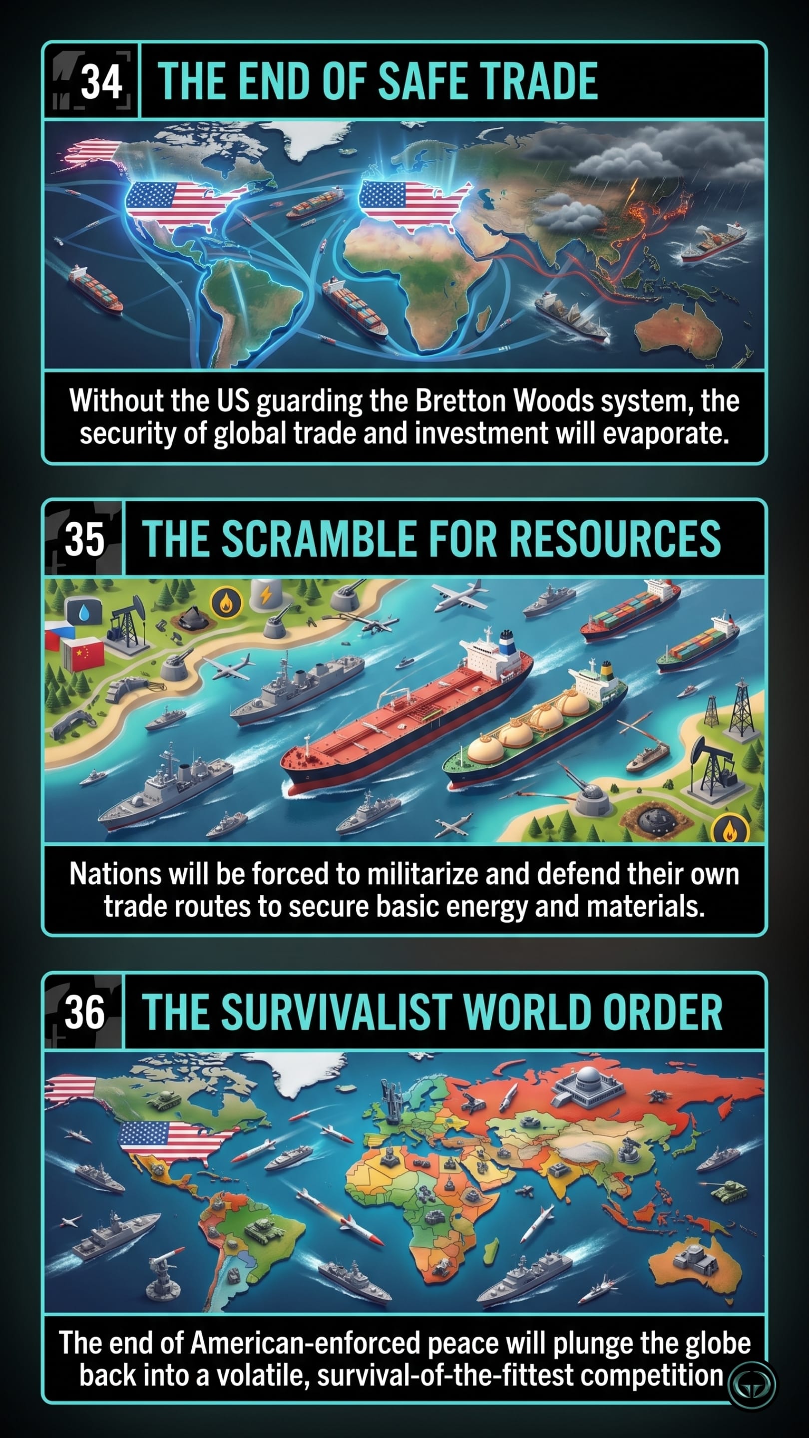 Infographic illustrating three The Accidental Superpower insights by Peter Zeihan: Top panel shows the collapse of safe global trade without the Bretton Woods system; Middle panel depicts a militarized scramble for global resources and energy; Bottom panel visualizes the return to a volatile, survivalist world order.