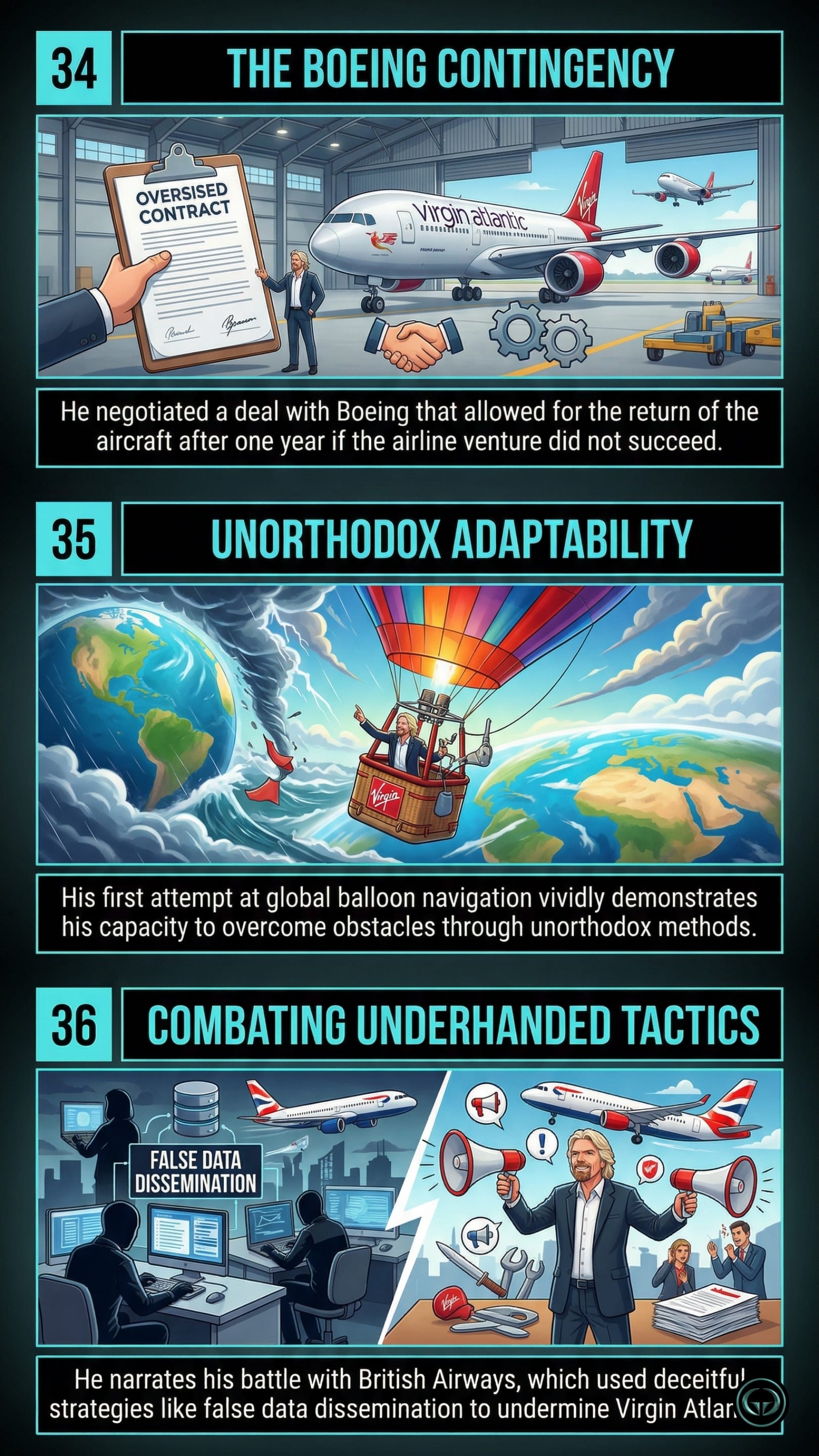Infographic illustrating three Losing My Virginity insights: Top panel shows negotiating strict contingency contracts for downside protection; Middle panel depicts utilizing unorthodox adaptability to overcome severe obstacles; Bottom panel visualizes aggressively combating the underhanded tactics and false data dissemination of corporate rivals.