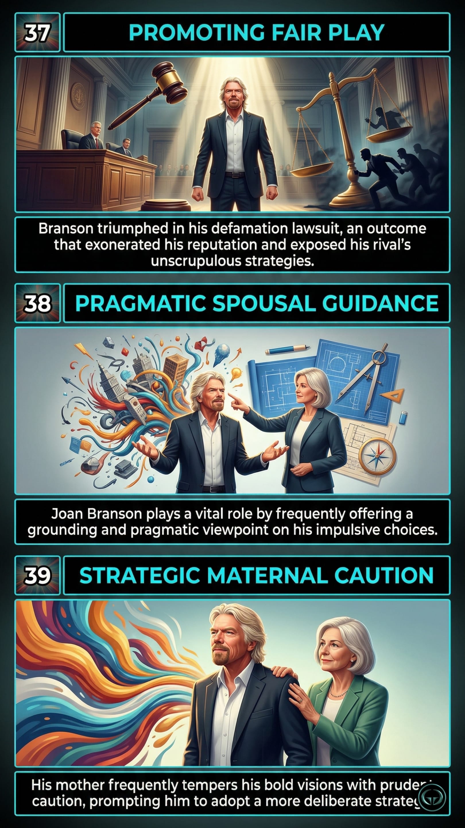 Infographic illustrating three Richard Branson insights: Top panel shows promoting fair play and vindicating reputation through legal triumphs; Middle panel depicts the importance of pragmatic spousal guidance to ground impulsive choices; Bottom panel visualizes strategic maternal caution balancing bold entrepreneurial visions.