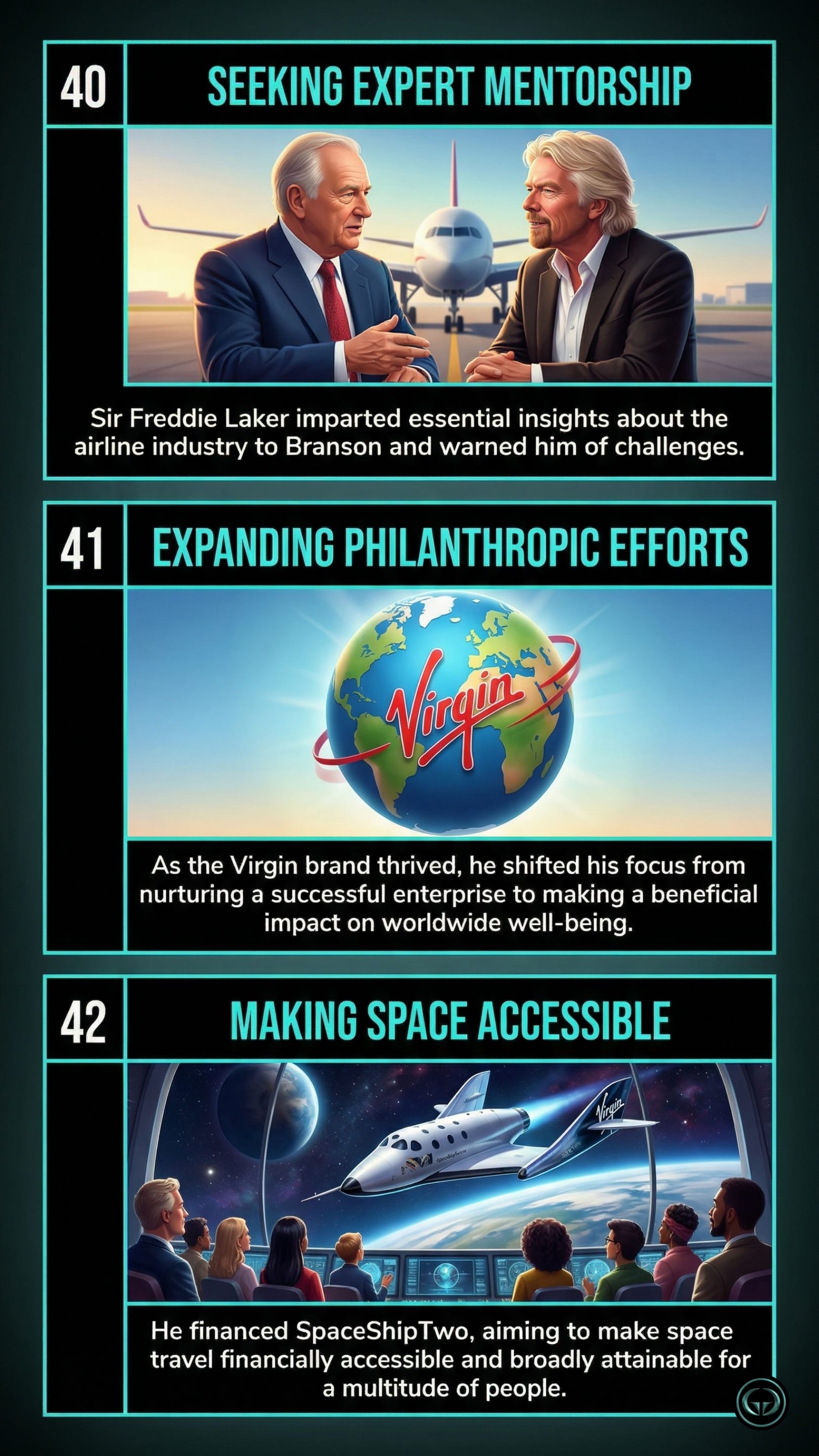 Infographic illustrating three Losing My Virginity insights: Top panel shows the value of seeking expert industry mentorship to navigate challenges; Middle panel depicts the brand's evolution into expanding global philanthropic efforts; Bottom panel visualizes the ambitious goal of making commercial space travel financially accessible.