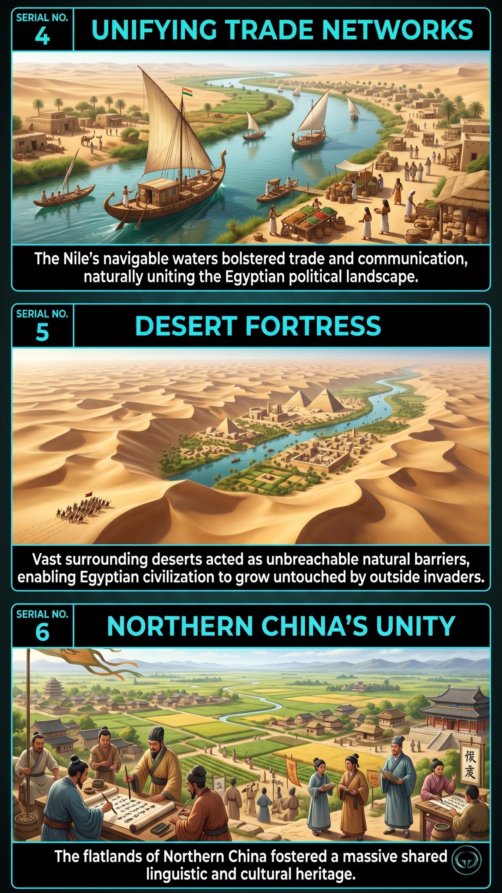 Infographic illustrating three The Accidental Superpower insights by Peter Zeihan: Top panel shows navigable river trade networks unifying political landscapes; Middle panel depicts vast deserts acting as unbreachable natural fortress barriers; Bottom panel visualizes flatlands driving Northern China's shared cultural and linguistic heritage.