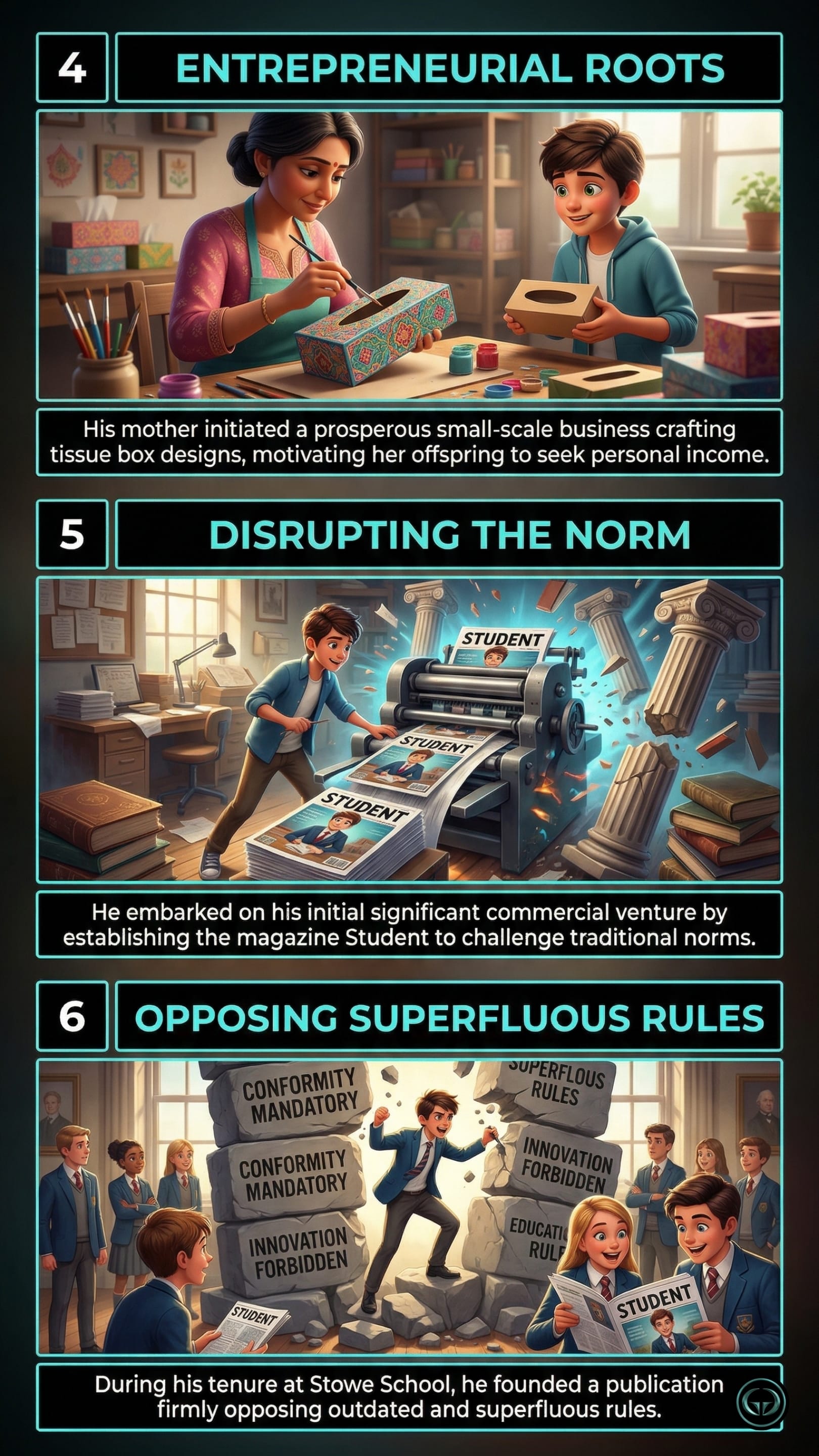 Losing My Virginity by Richard Branson infographic: Top panel illustrates early entrepreneurial roots crafting tissue boxes; Middle panel depicts disrupting educational norms by printing Student magazine; Bottom panel portrays a student breaking a wall to oppose superfluous rules.