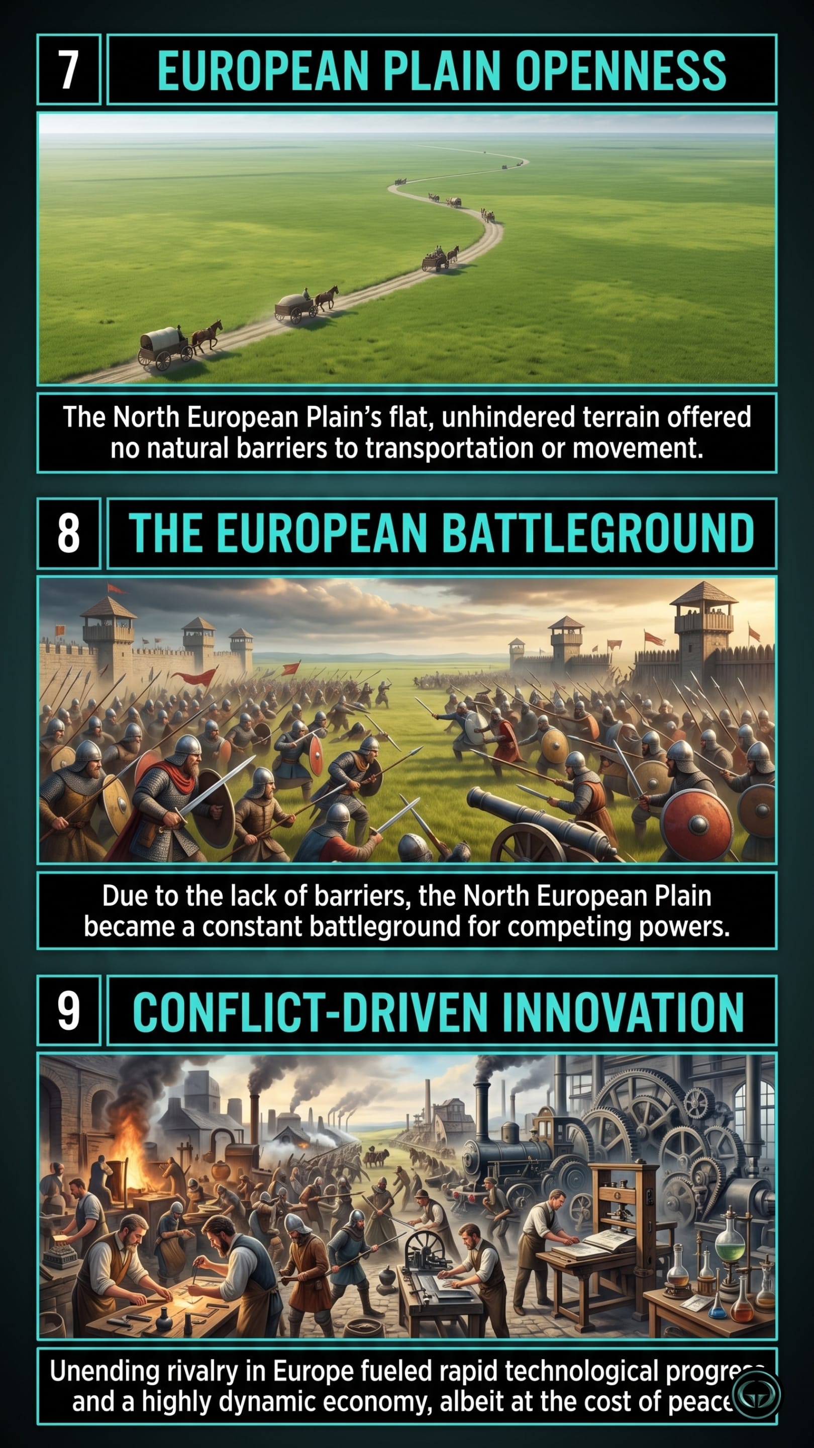 Infographic illustrating three The Accidental Superpower insights by Peter Zeihan: Top panel shows the unhindered, open terrain of the North European Plain; Middle panel depicts how lacking geographic barriers turns plains into constant battlegrounds for competing powers; Bottom panel visualizes unending geopolitical rivalry fueling conflict-driven technological innovation.