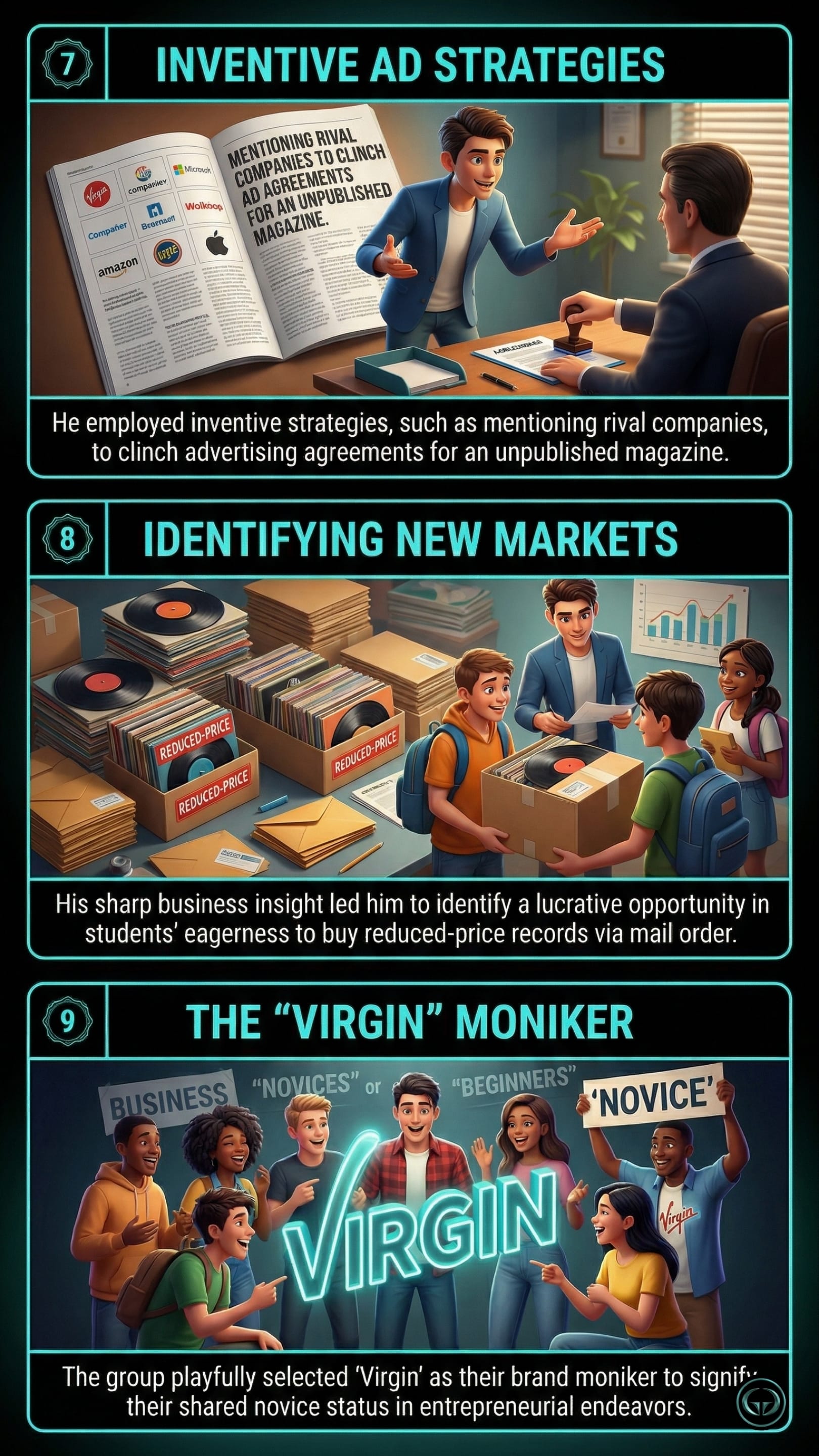 Richard Branson's Losing My Virginity visual summary: Top panel depicts inventive advertising strategies leveraging corporate rivals; Middle panel visualizes identifying lucrative new markets via mail-order records; Bottom panel shows the origin of the "Virgin" brand moniker representing novice entrepreneurs.