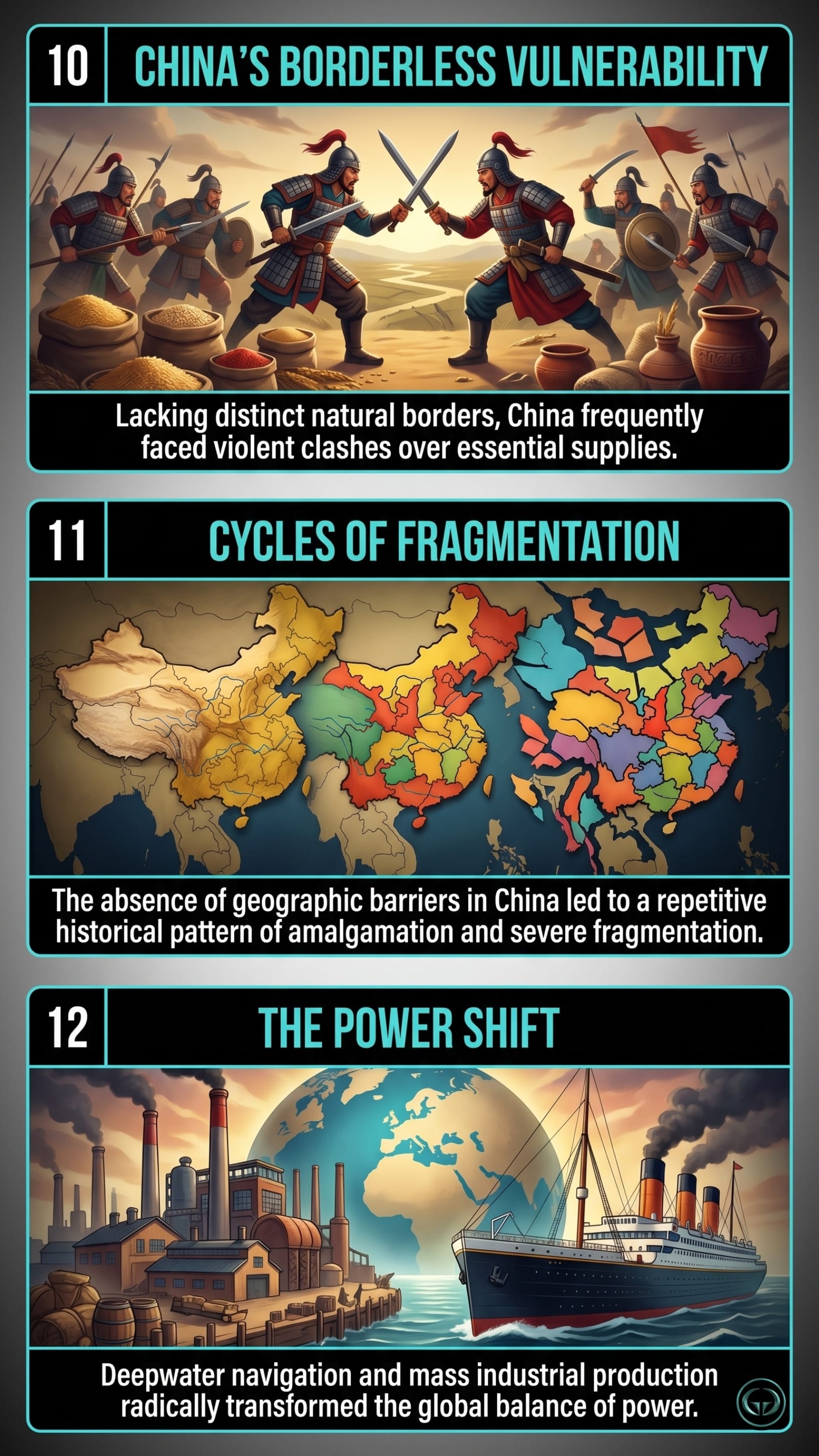 Infographic illustrating three The Accidental Superpower insights by Peter Zeihan: Top panel shows China's vulnerability to resource clashes due to lacking natural borders; Middle panel depicts geographic openness causing historical cycles of severe national fragmentation; Bottom panel visualizes deepwater navigation and mass industrialization shifting the global balance of power.