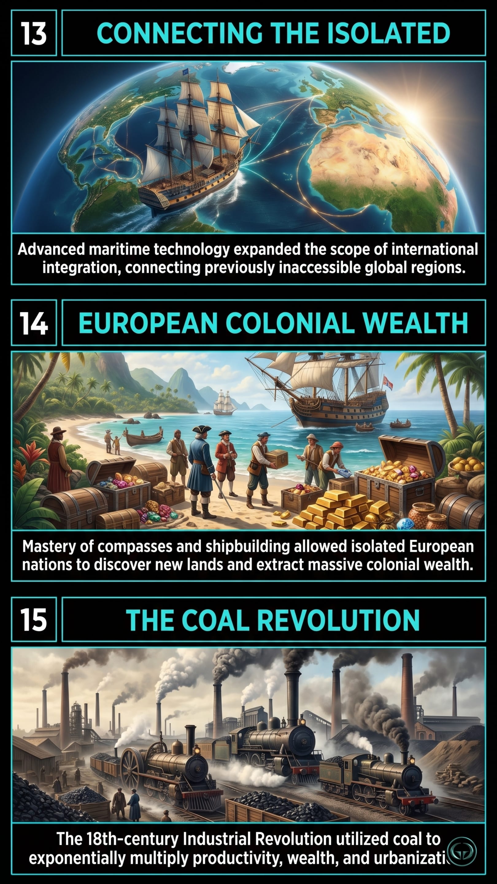 Infographic illustrating three The Accidental Superpower insights by Peter Zeihan: Top panel shows advanced maritime technology integrating historically isolated global regions; Middle panel depicts shipbuilding and compass mastery enabling European colonial wealth extraction; Bottom panel visualizes the coal revolution exponentially multiplying industrial productivity and urbanization.