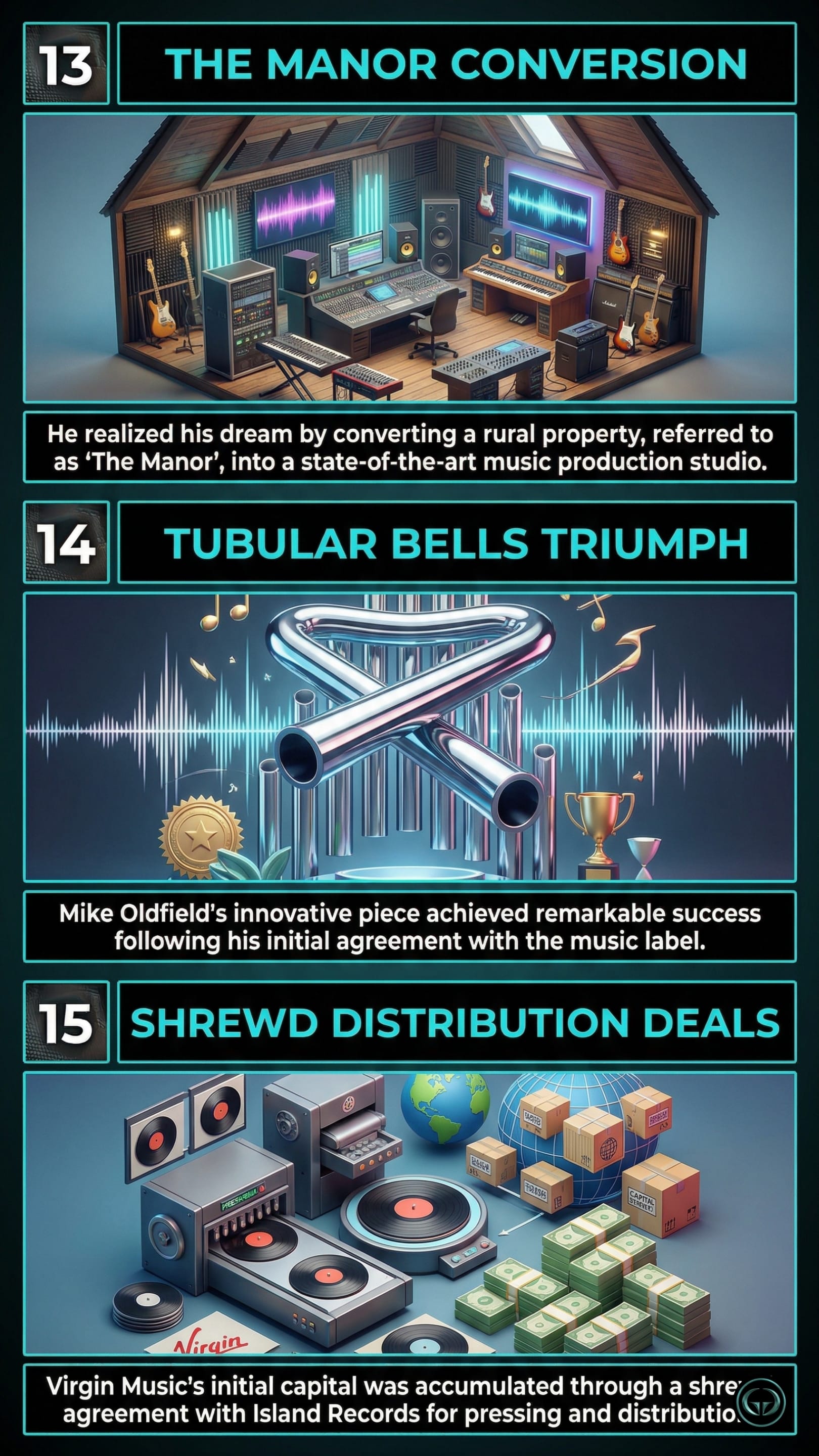 Insights from Richard Branson's Losing My Virginity: Top panel depicts converting rural property into The Manor recording studio; Middle panel visualizes the monumental success of the Tubular Bells release; Bottom panel shows shrewd pressing and distribution deals securing Virgin Music's initial capital.
