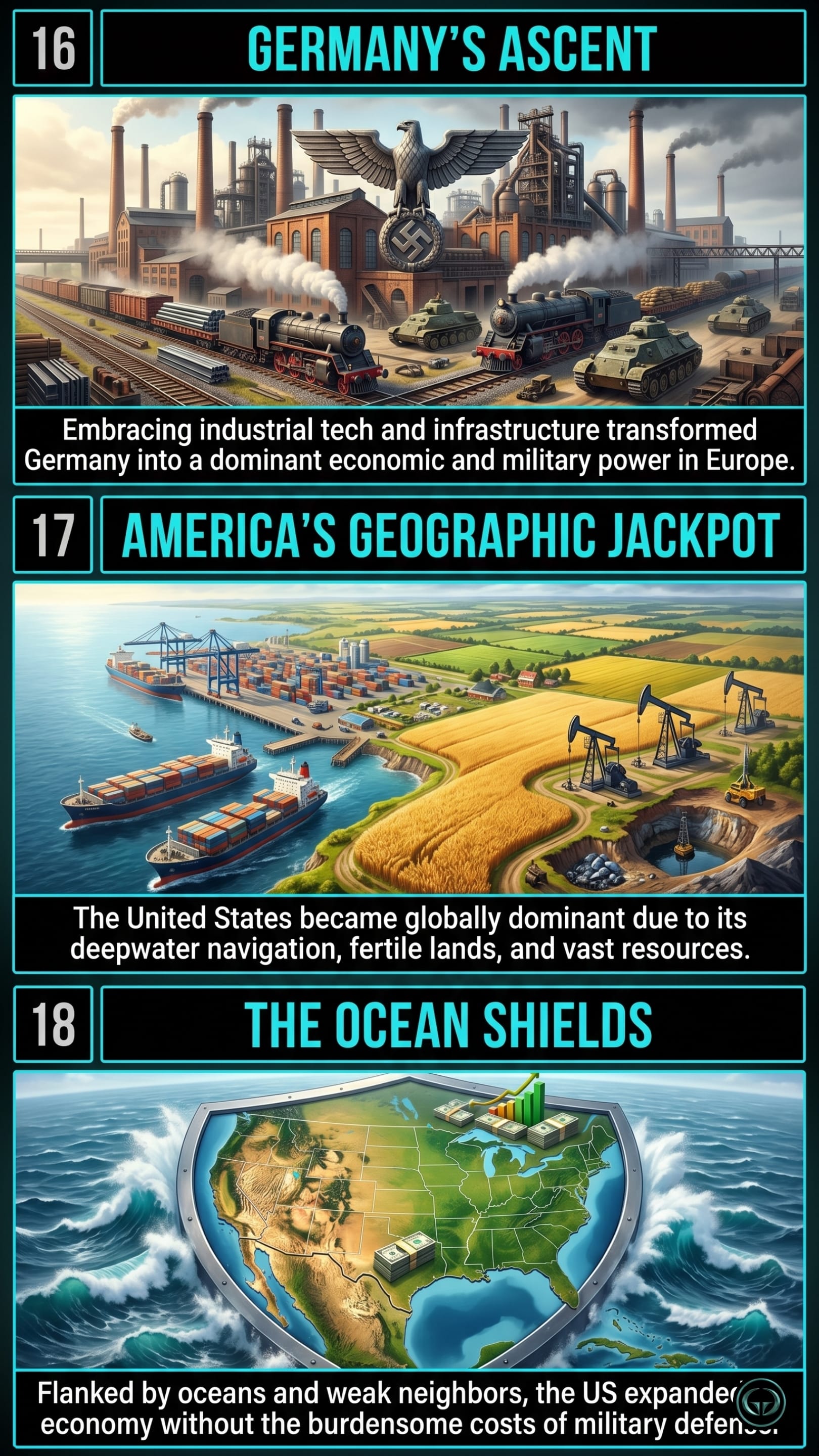Infographic illustrating three The Accidental Superpower insights by Peter Zeihan: Top panel shows industrial infrastructure and technology fueling Germany's military and economic ascent; Middle panel depicts America's geographic jackpot of deepwater ports, fertile lands, and vast resources; Bottom panel visualizes ocean shields protecting US economic expansion from heavy military defense burdens.