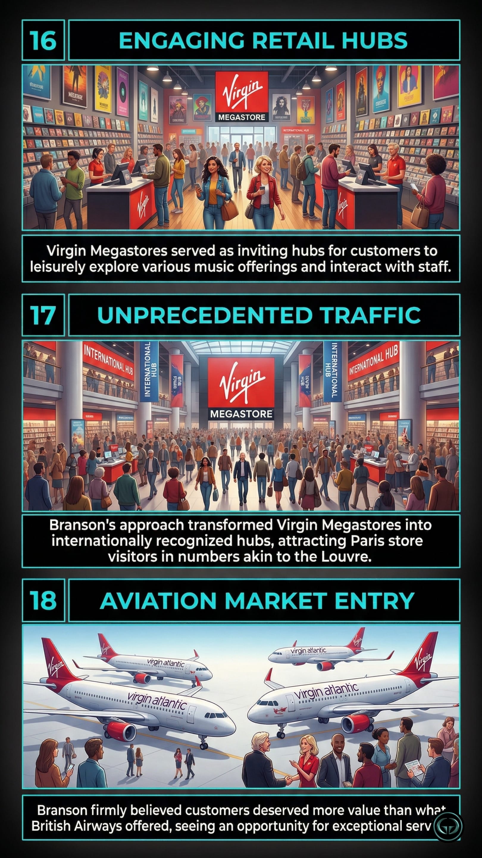 Richard Branson's Losing My Virginity summary: Top panel illustrates Virgin Megastores as engaging, customer-centric retail hubs; Middle panel shows unprecedented international store traffic akin to major landmarks; Bottom panel portrays entering the aviation market with Virgin Atlantic to disrupt established carriers.