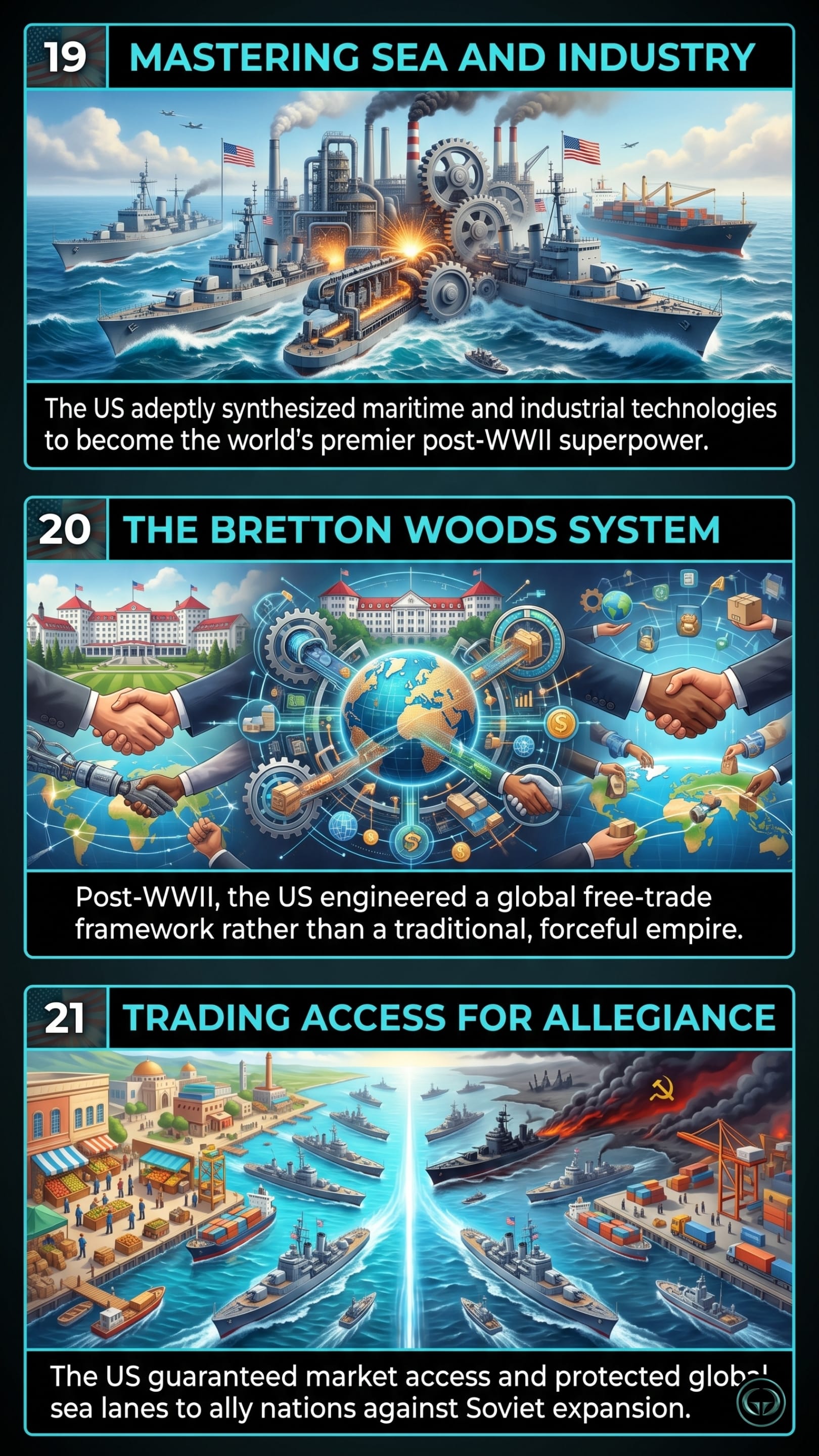 Infographic illustrating three The Accidental Superpower insights by Peter Zeihan: Top panel shows US maritime and industrial power driving post-WWII dominance; Middle panel depicts the Bretton Woods global free-trade framework; Bottom panel visualizes US naval protection securing allied global sea lanes.