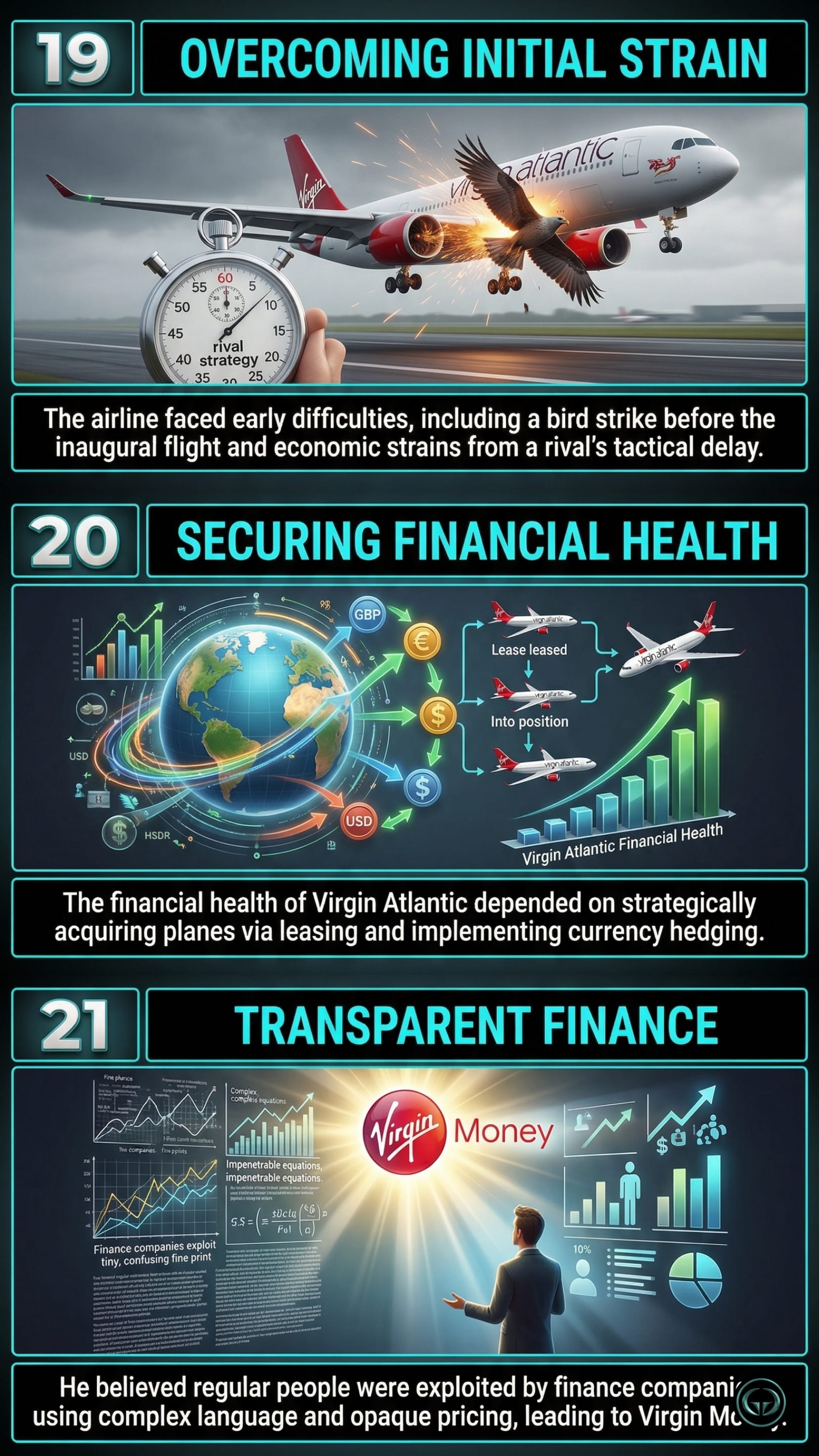 Losing My Virginity by Richard Branson infographic: Top panel visualizes overcoming early aviation crises like bird strikes; Middle panel depicts securing financial health through strategic plane leasing and currency hedging; Bottom panel shows Virgin Money fighting complex jargon with transparent finance.