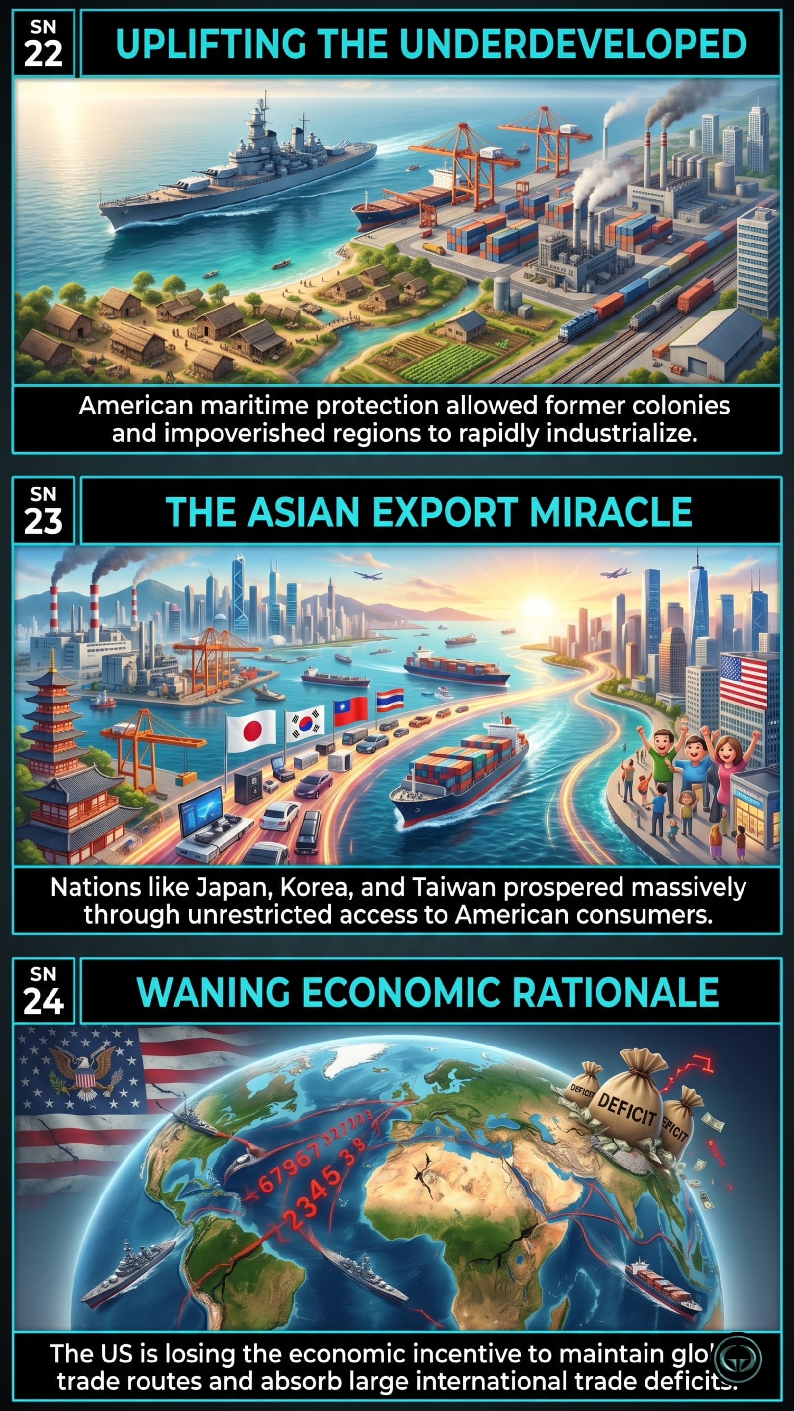 Infographic illustrating three The Accidental Superpower insights by Peter Zeihan: Top panel shows former colonies industrializing under US maritime protection; Middle panel depicts the Asian export economic miracle driven by US consumer access; Bottom panel visualizes America's waning economic incentive to absorb trade deficits.