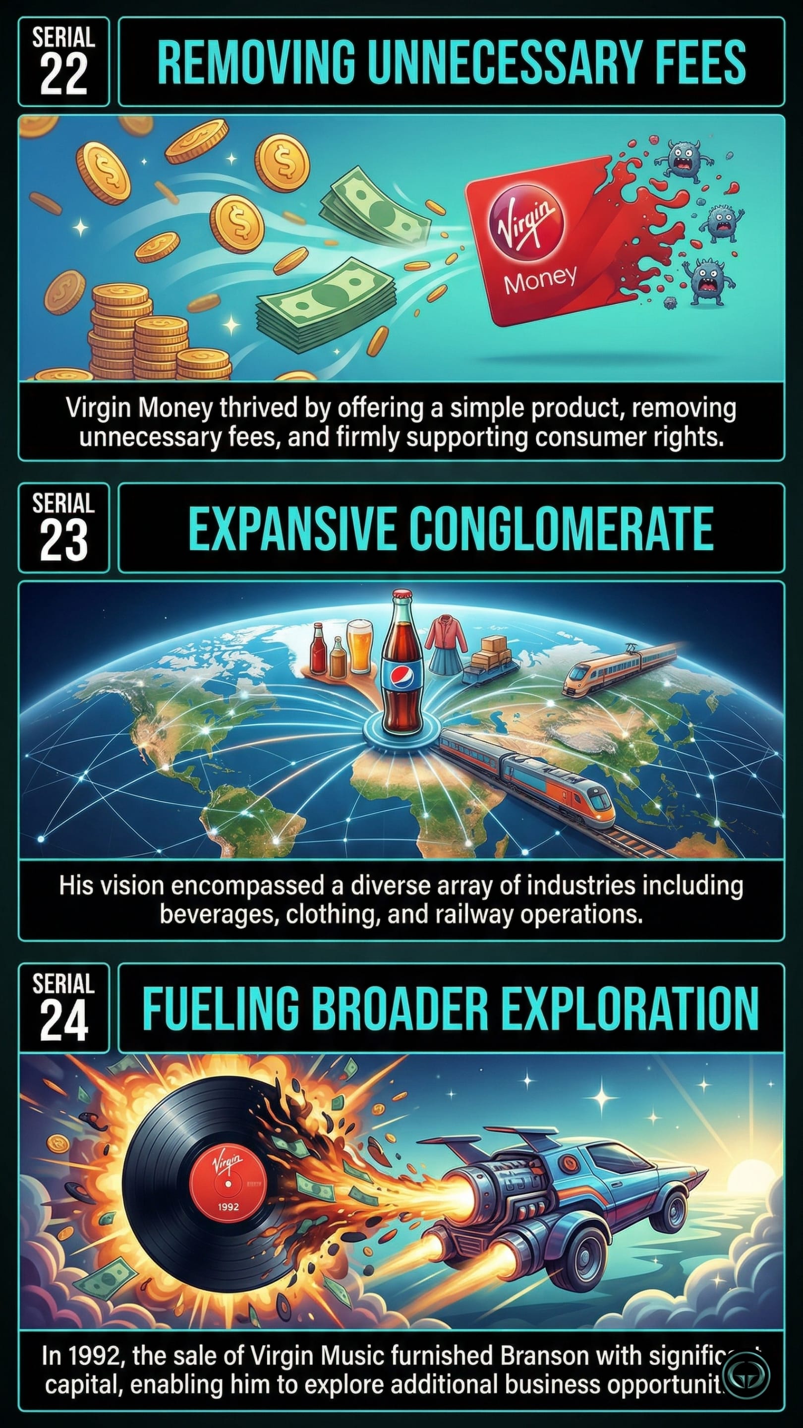 Infographic illustrating three Losing My Virginity insights: Top panel shows Branson championing consumer rights by eliminating unnecessary fees; Middle panel depicts his vision of an expansive, diversified global conglomerate; Bottom panel visualizes leveraging capital from business sales to fuel broader entrepreneurial exploration.