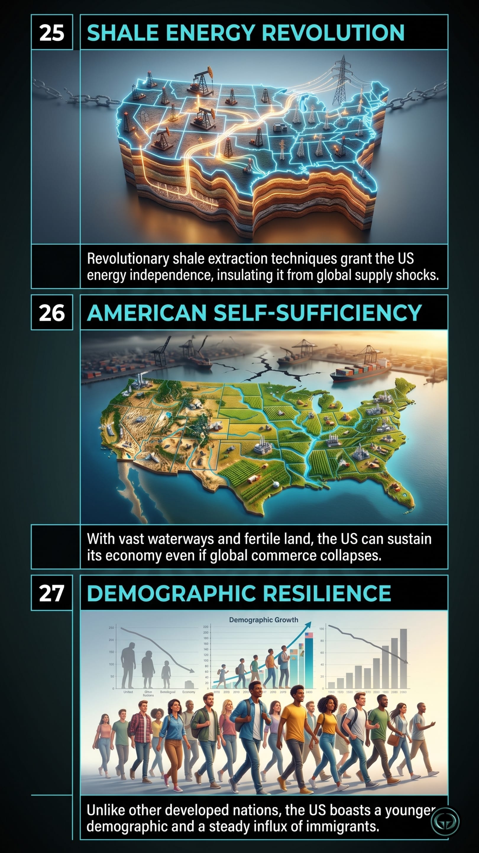Infographic illustrating three The Accidental Superpower insights by Peter Zeihan: Top panel shows US energy independence driven by the shale revolution; Middle panel depicts American geographic determinism and economic self-sufficiency; Bottom panel visualizes the resilience of the younger US demographic and immigrant workforce.