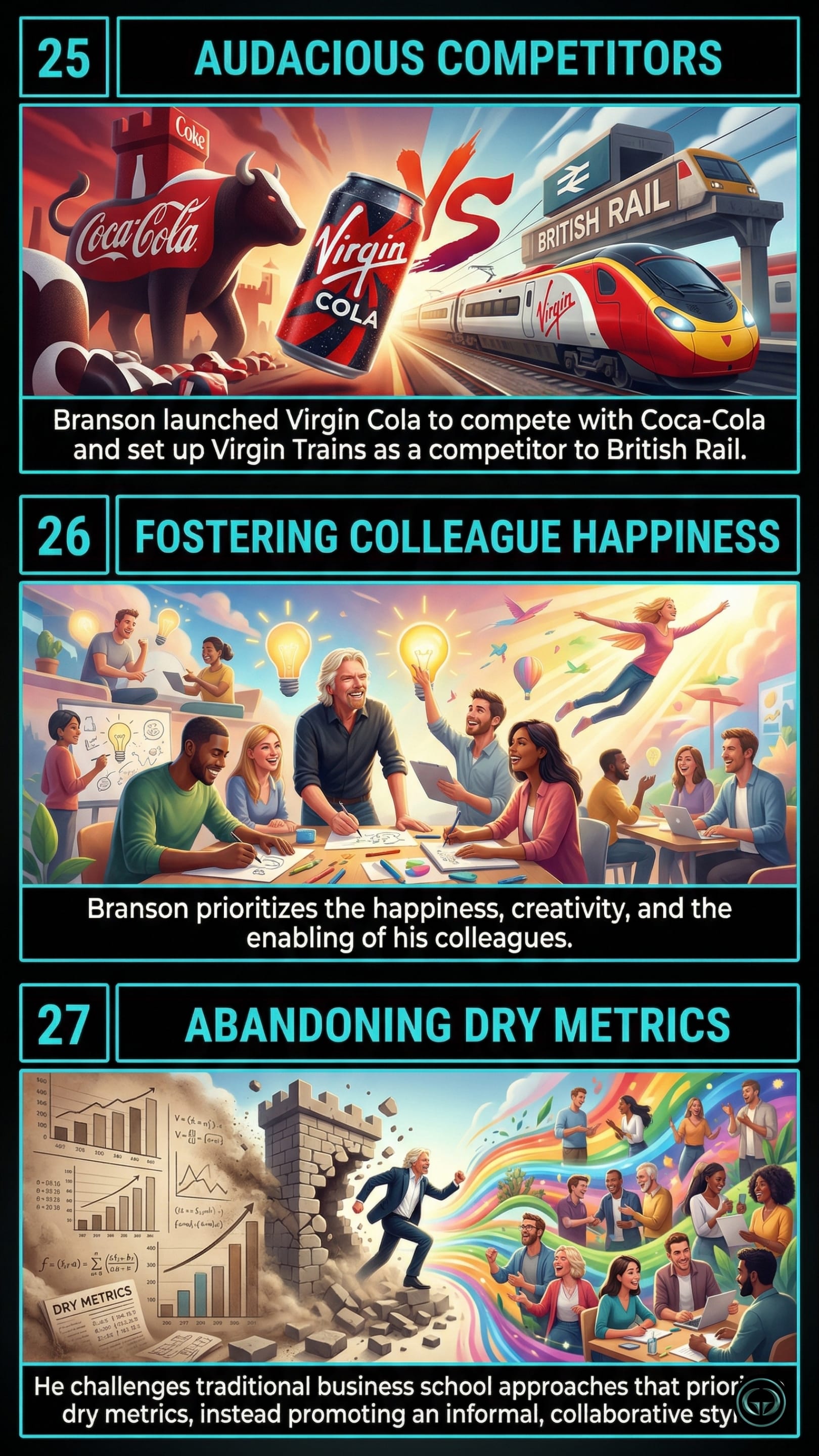 Infographic illustrating three Richard Branson insights: Top panel shows audacious market disruption by directly challenging established corporate giants; Middle panel depicts fostering a culture of employee creativity and happiness; Bottom panel visualizes abandoning dry, traditional business metrics in favor of an informal, collaborative style.