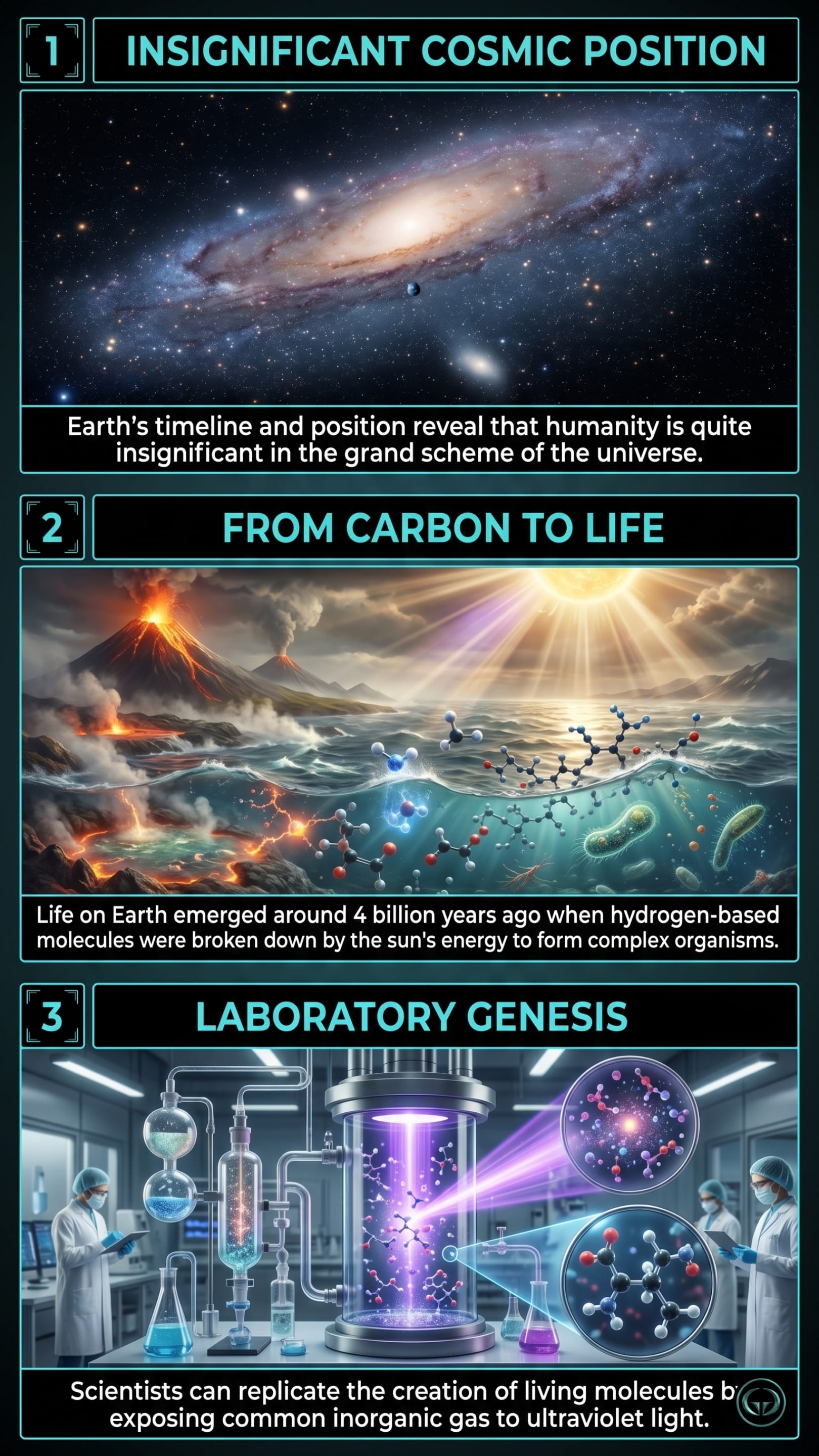 Infographic illustrating three Cosmos insights by Carl Sagan: Top panel shows humanity's insignificant scale within a vast galaxy; Middle panel depicts complex life emerging in primordial oceans; Bottom panel visualizes scientists synthesizing living molecules via ultraviolet light.