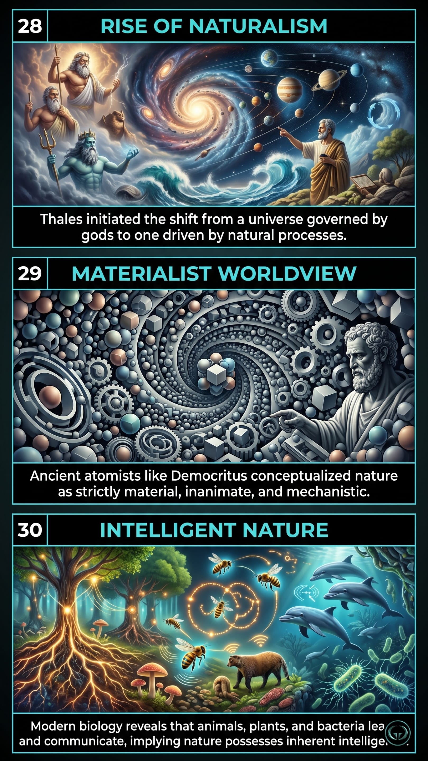 Infographic illustrating three Cosmos insights by Carl Sagan: Top panel shows the shift from mythological gods to a naturalistic universe; Middle panel depicts Democritus's mechanistic and materialist worldview of atoms; Bottom panel visualizes inherent intelligence and biological communication in nature.