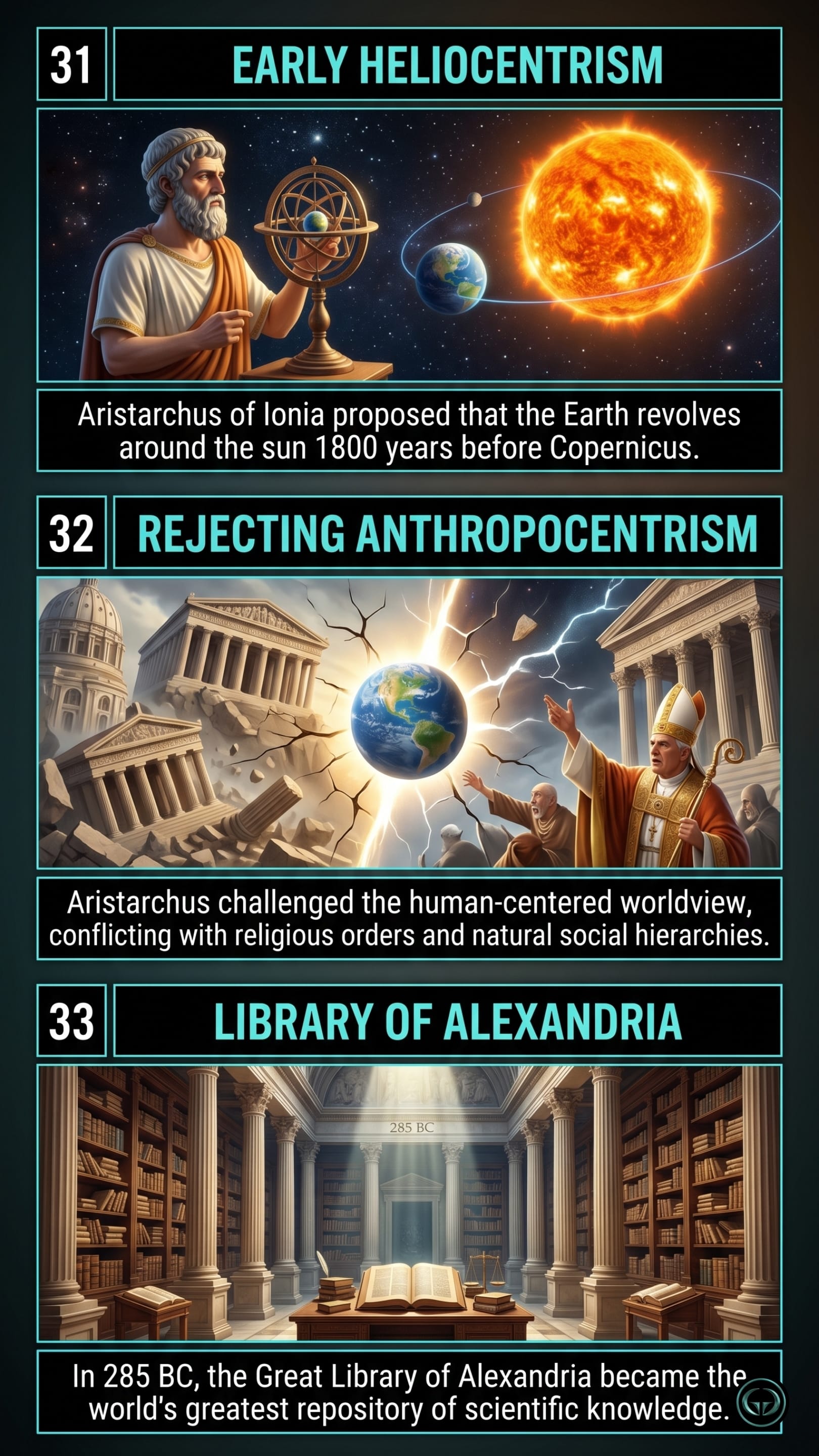 Infographic illustrating three Cosmos insights by Carl Sagan: Top panel shows Aristarchus proposing early heliocentrism; Middle panel depicts the rejection of anthropocentrism clashing with religious orders; Bottom panel visualizes the Great Library of Alexandria as an ancient repository of scientific knowledge.