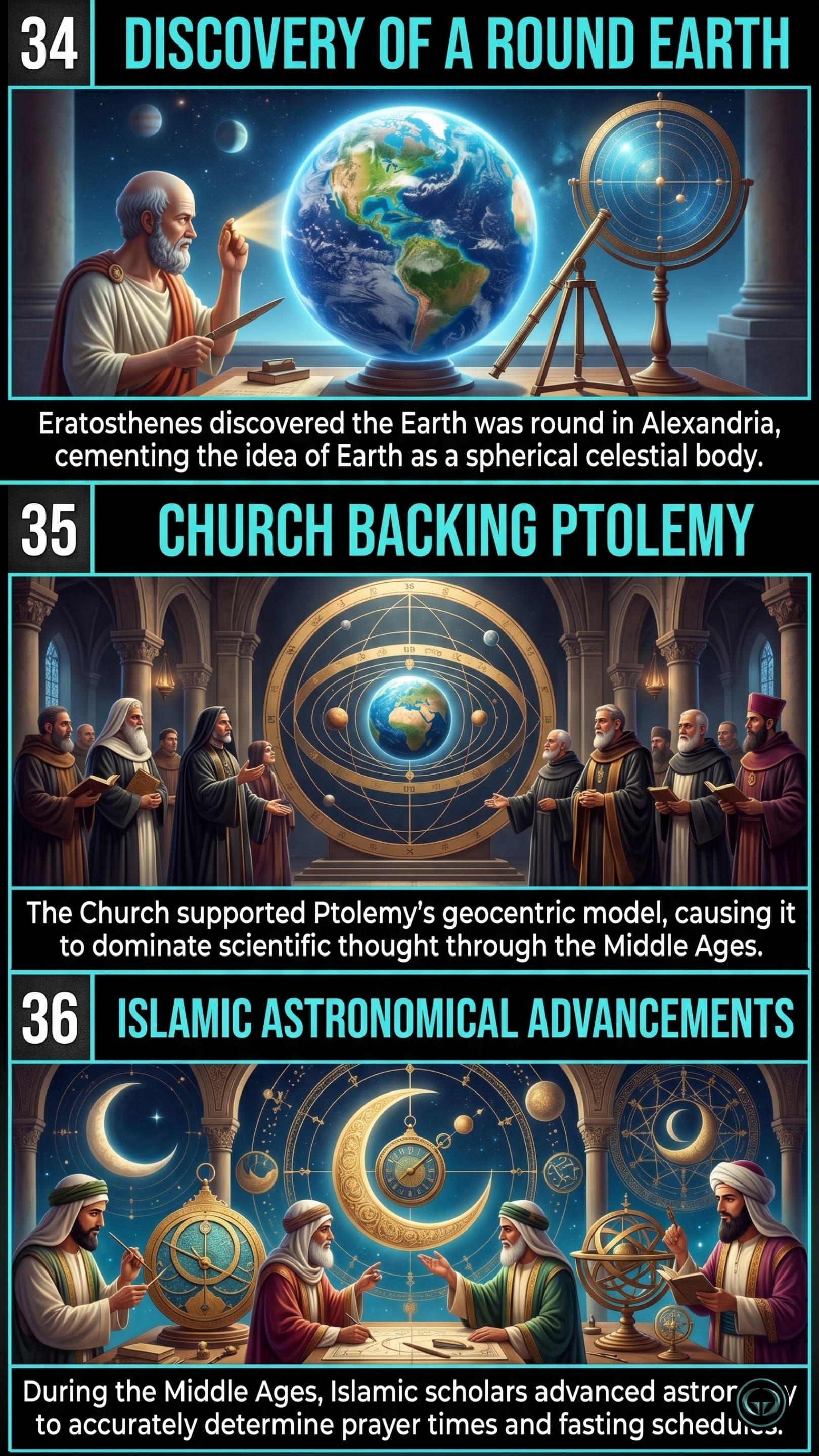 Infographic illustrating three Cosmos insights by Carl Sagan: Top panel shows Eratosthenes discovering a round, spherical Earth; Middle panel depicts the Church heavily endorsing Ptolemy's geocentric model; Bottom panel visualizes Islamic scholars making vital astronomical advancements during the Middle Ages.