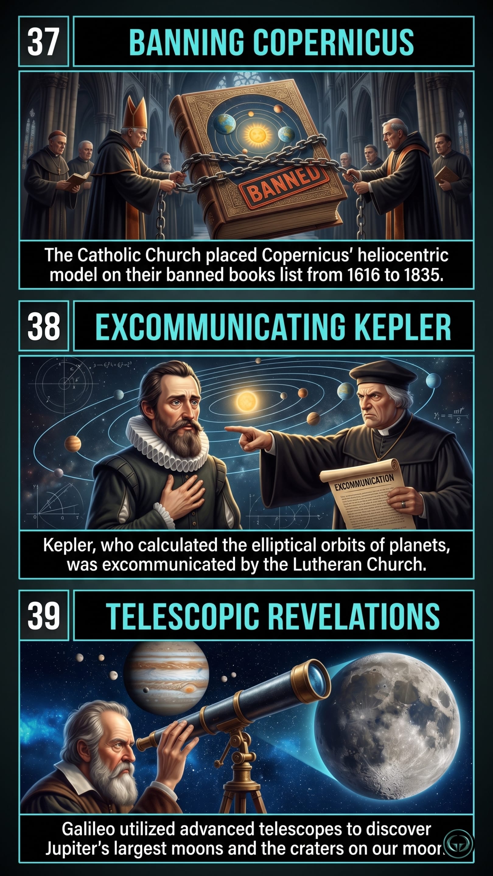 Infographic illustrating three Cosmos insights by Carl Sagan: Top panel shows the Catholic Church banning Copernicus's heliocentric book; Middle panel depicts Kepler's excommunication over his elliptical orbit calculations; Bottom panel visualizes Galileo utilizing early telescopes to discover Jupiter's moons.