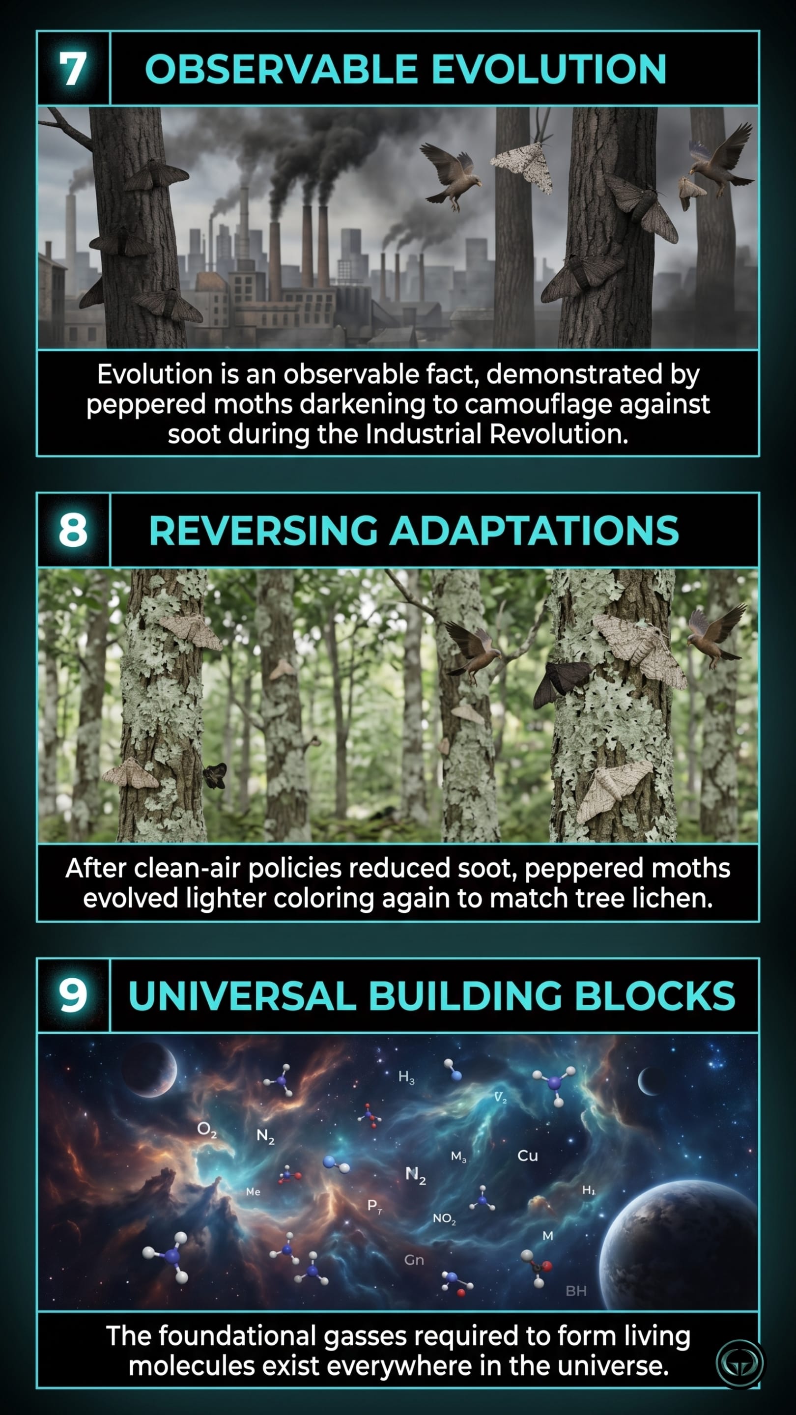 Infographic illustrating three Cosmos insights by Carl Sagan: Top panel shows peppered moths demonstrating observable evolution via industrial camouflage; Middle panel depicts reversed evolutionary adaptations matching clean environments; Bottom panel visualizes foundational organic building blocks existing ubiquitously in space.