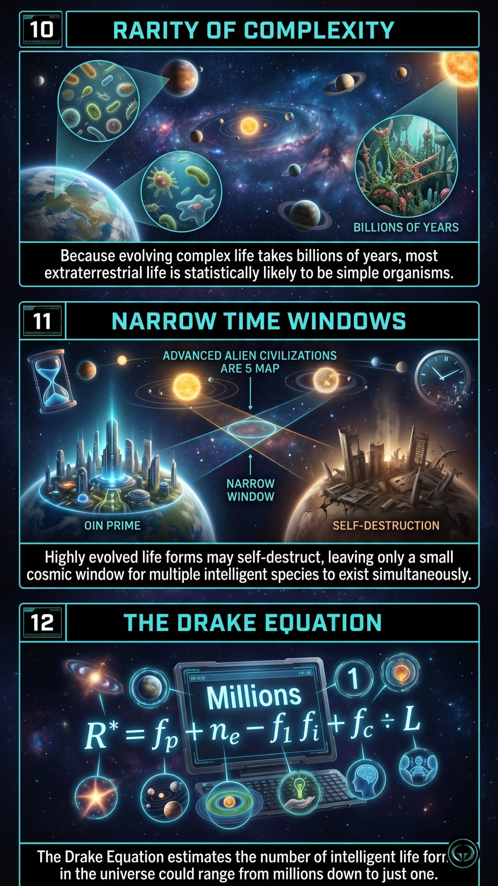 Infographic illustrating three Cosmos insights by Carl Sagan: Top panel shows the statistical likelihood of simple over complex extraterrestrial life; Middle panel depicts the narrow cosmic window for advanced civilizations due to self-destruction; Bottom panel visualizes the Drake Equation calculating potential alien intelligence.