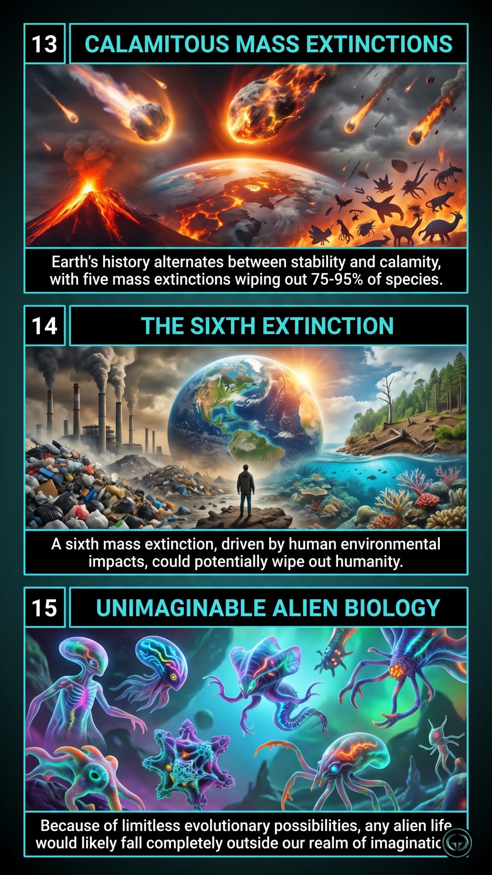 Infographic illustrating three Cosmos insights by Carl Sagan: Top panel shows apocalyptic mass extinctions throughout Earth's history; Middle panel depicts the looming environmental threat of a human-driven sixth mass extinction; Bottom panel visualizes highly speculative and bizarre alien biology driven by limitless evolution.