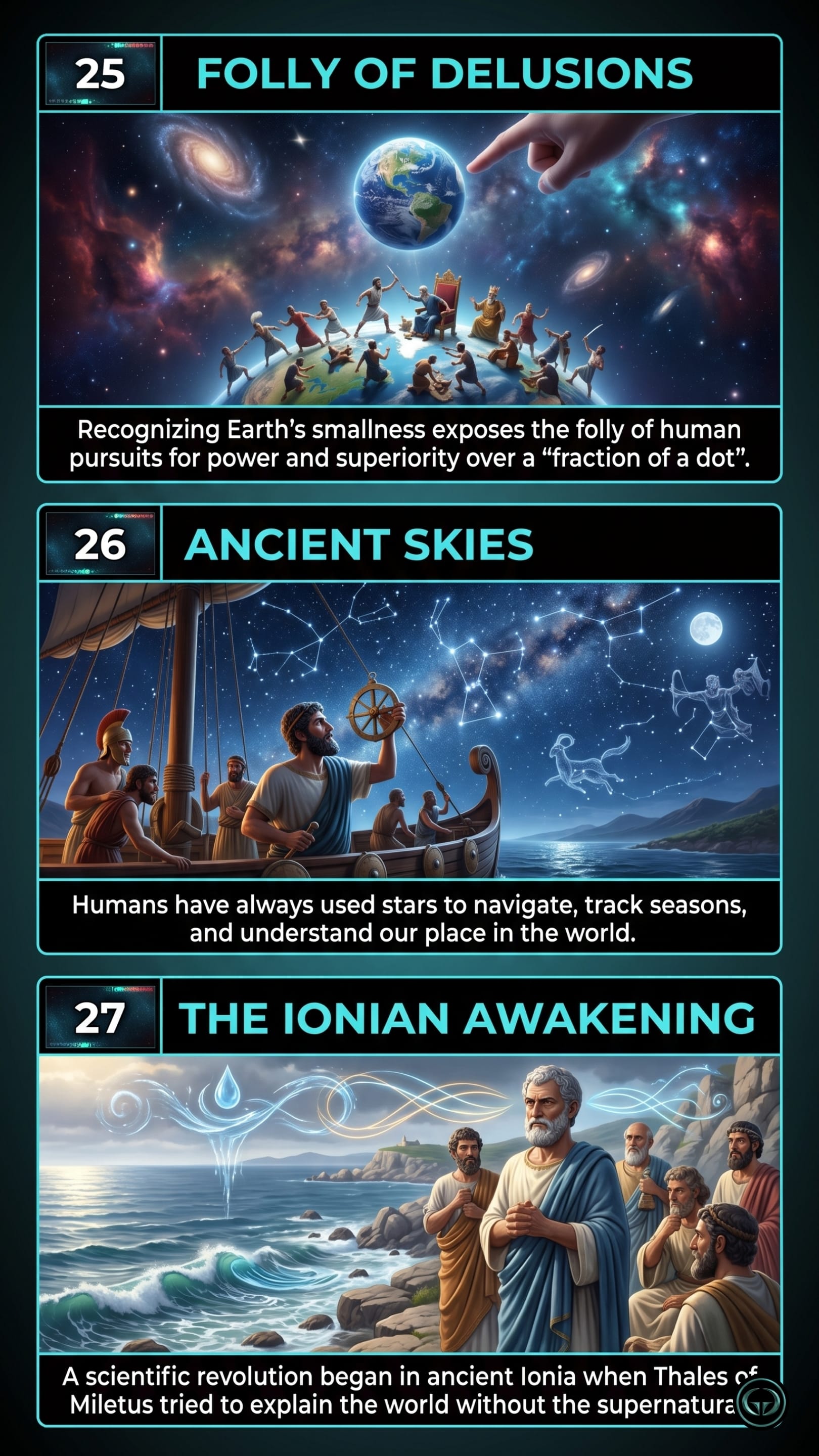 Infographic illustrating three Cosmos insights by Carl Sagan: Top panel shows the folly of human power struggles on a tiny Earth; Middle panel depicts ancient mariners using constellations for navigation; Bottom panel visualizes Thales of Miletus beginning the scientific Ionian Awakening.