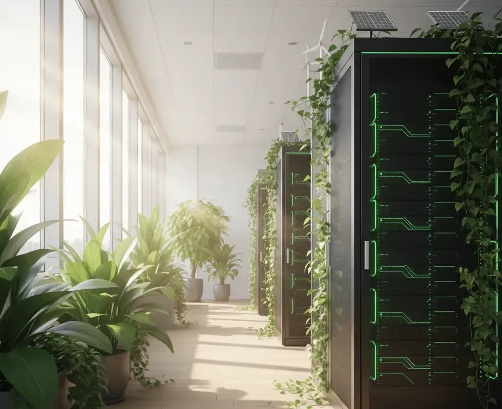 Eco-friendly blockchain infrastructure using energy-efficient servers and natural light.