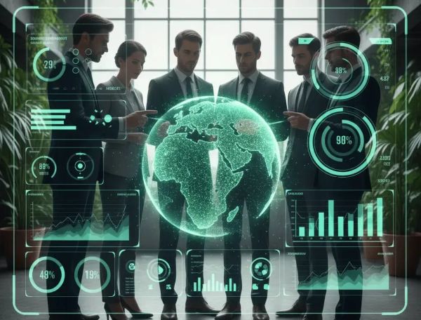 Executives reviewing blockchain sustainability metrics and carbon footprint data.