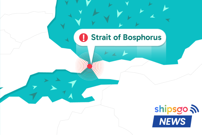 Bosphorus Strait live ship traffic map showing commercial vessels passing between Europe and Asia