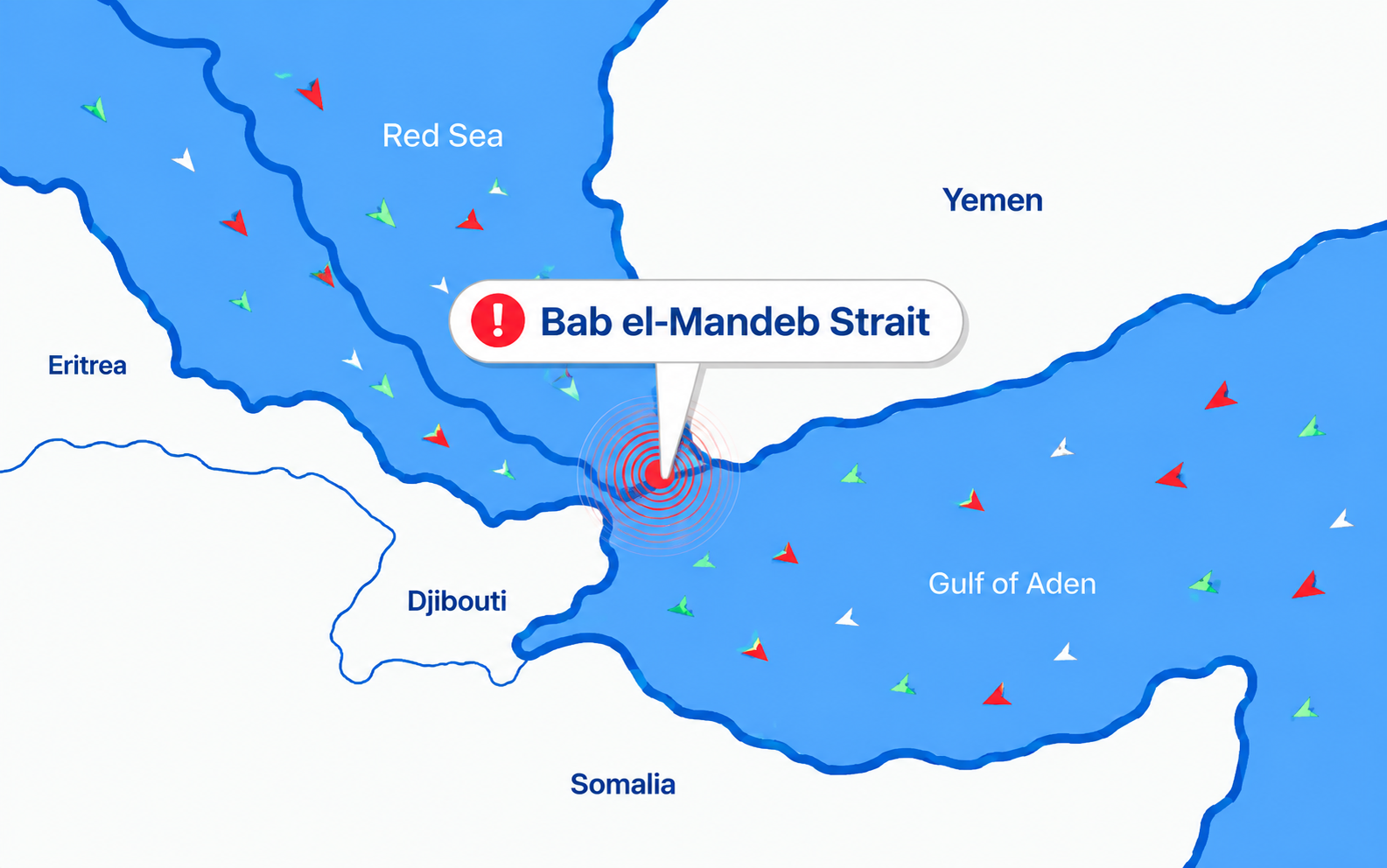 Bab el-Mandeb Strait live vessel traffic map showing the maritime chokepoint between Yemen and Djibouti with ship routes, AIS vessel markers, and the connection between the Red Sea and the Gu