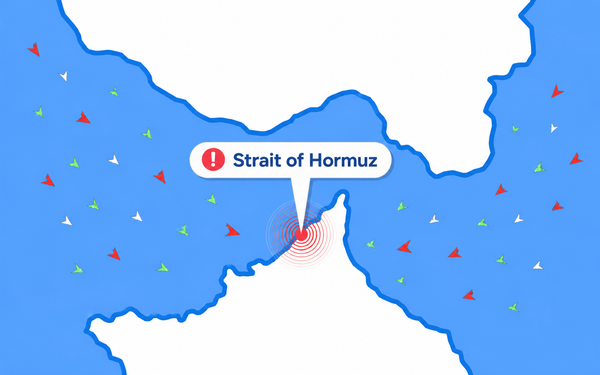 Flat vector illustration of the Strait of Hormuz showing dense vessel traffic, highlighted shipping lane, and a red alert marker indicating a maritime disruption or security incident.
