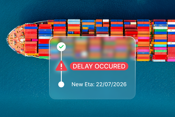 Container shipping delay notification with updated ETA displayed over a cargo vessel carrying shipping containers.