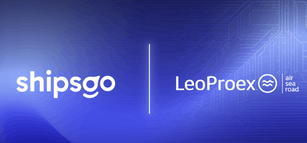 Shipsgo and LeoProex logos displayed on a blue technology background representing a strategic partnership in freight visibility and supply chain solutions.