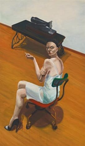 “Sewer” (1979) by Eric Fischl. A figurative painting showing a nude woman seated and sewing, while a clothed man observes her from a distance through a doorway. The composition explores themes of voyeurism, female interiority, and the tension between private labor and external gaze.
