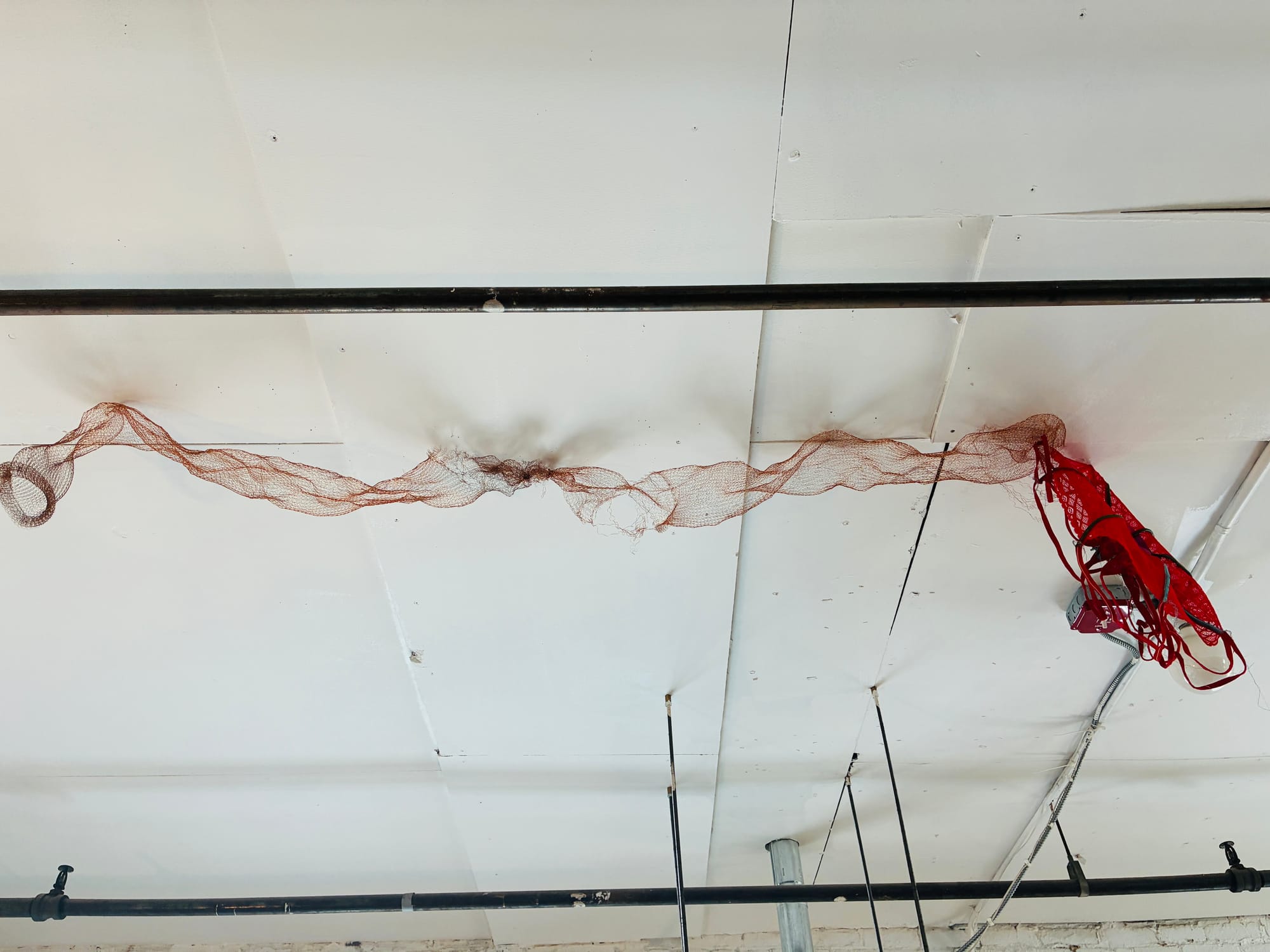 A tangle of red ceiling netting suspended above a domestic space. A remnant from a past installation, left in place. It evokes tension, ritual, and erotic memory—but no event. The scene never came.
