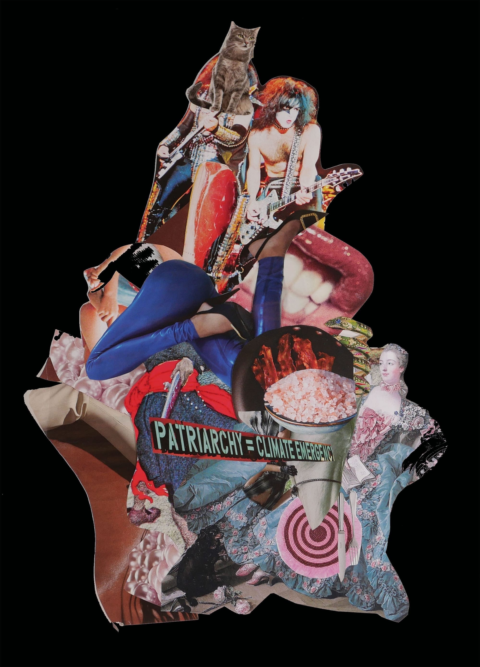 A dense, surreal collage with Pompadour, salt, vinyl, protest, pearls, KISS members, and riotous femininity—climate crisis rendered through image.