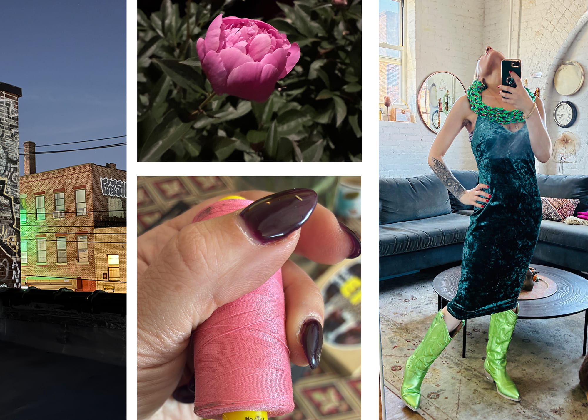A four-panel collage. Top left: a nighttime Brooklyn rooftop with graffiti-covered brick buildings under a dark blue sky. Top right: a close-up of a pink peony flower in bloom, surrounded by dark green leaves. Bottom left: a hand with burgundy nails holds a spool of pink thread. Right panel: a woman in a green crushed velvet dress and electric green cowboy boots poses in a mirror, head thrown back, wearing a thick braided rope necklace. The background is a cozy studio with arched windows and soft light.