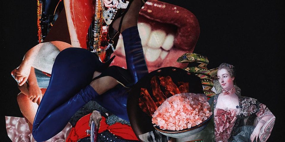 Horizontal crop from a larger collage featuring Madame de Pompadour, protest text, pearls, meat, and vinyl—a surreal weather system of matriarchal aesthetics.