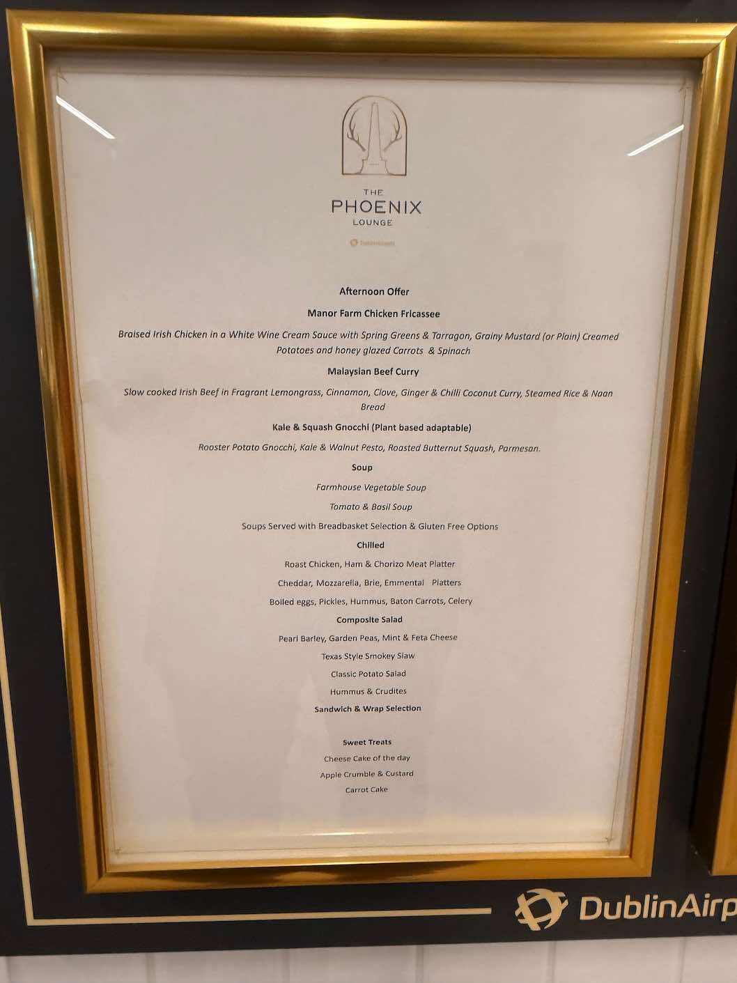 Menu in the Phoenix Lounge, Dublin Airport Terminal 1