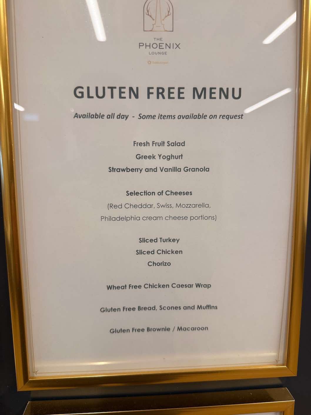 Menu in the Phoenix Lounge, Dublin Airport Terminal 1
