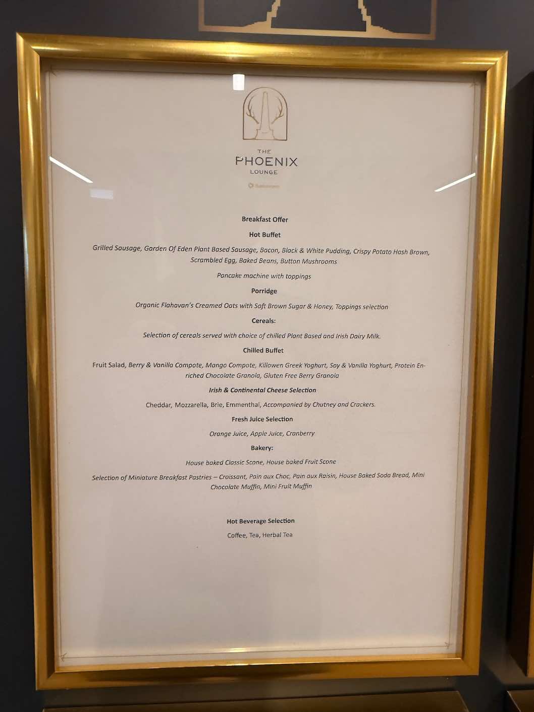 Menu and food in The Phoenix Lounge, Dublin Airport Terminal 1