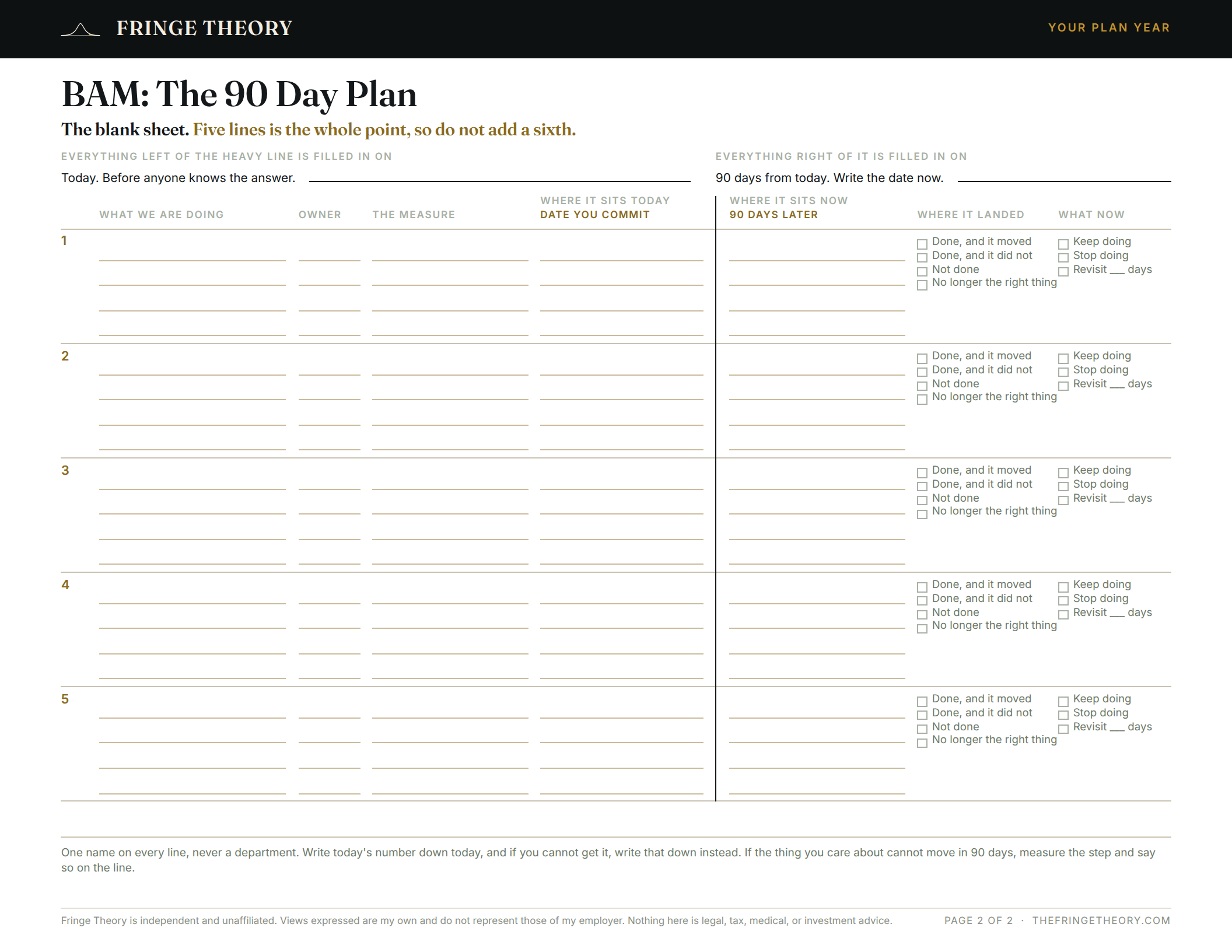 Page two of the 90 Day Plan worksheet, blank
