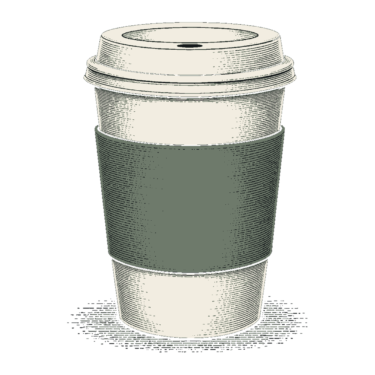 An engraved paper coffee cup with a moss sleeve
