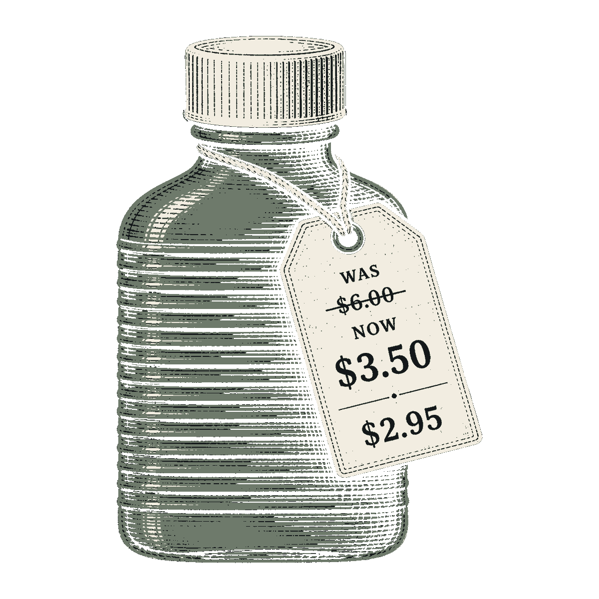 An apothecary bottle with a price tag showing three prices, each one lower than the last