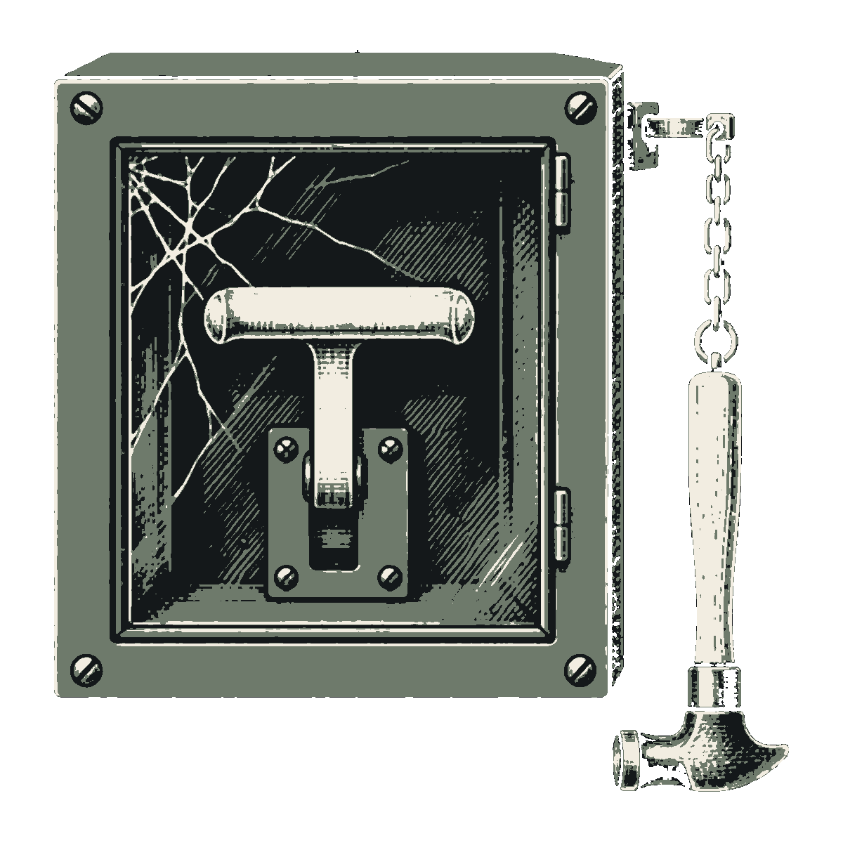 A wall-mounted break-glass emergency box with cracked glass, a pull lever inside and a hammer on a chain