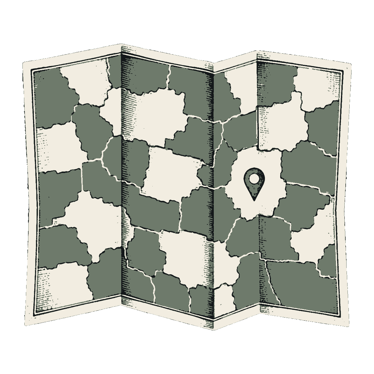 A folded paper map of county outlines with a location pin in one county